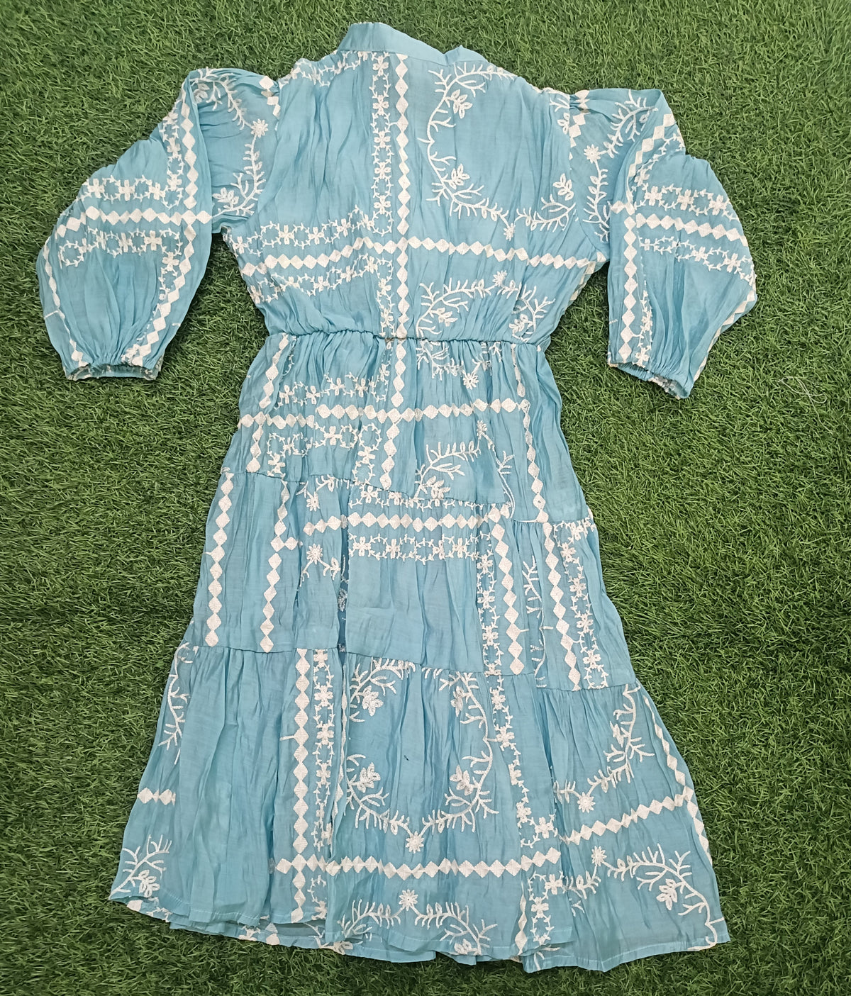 Women’s Sky Blue Cotton Embroidered Tiered Long Dress