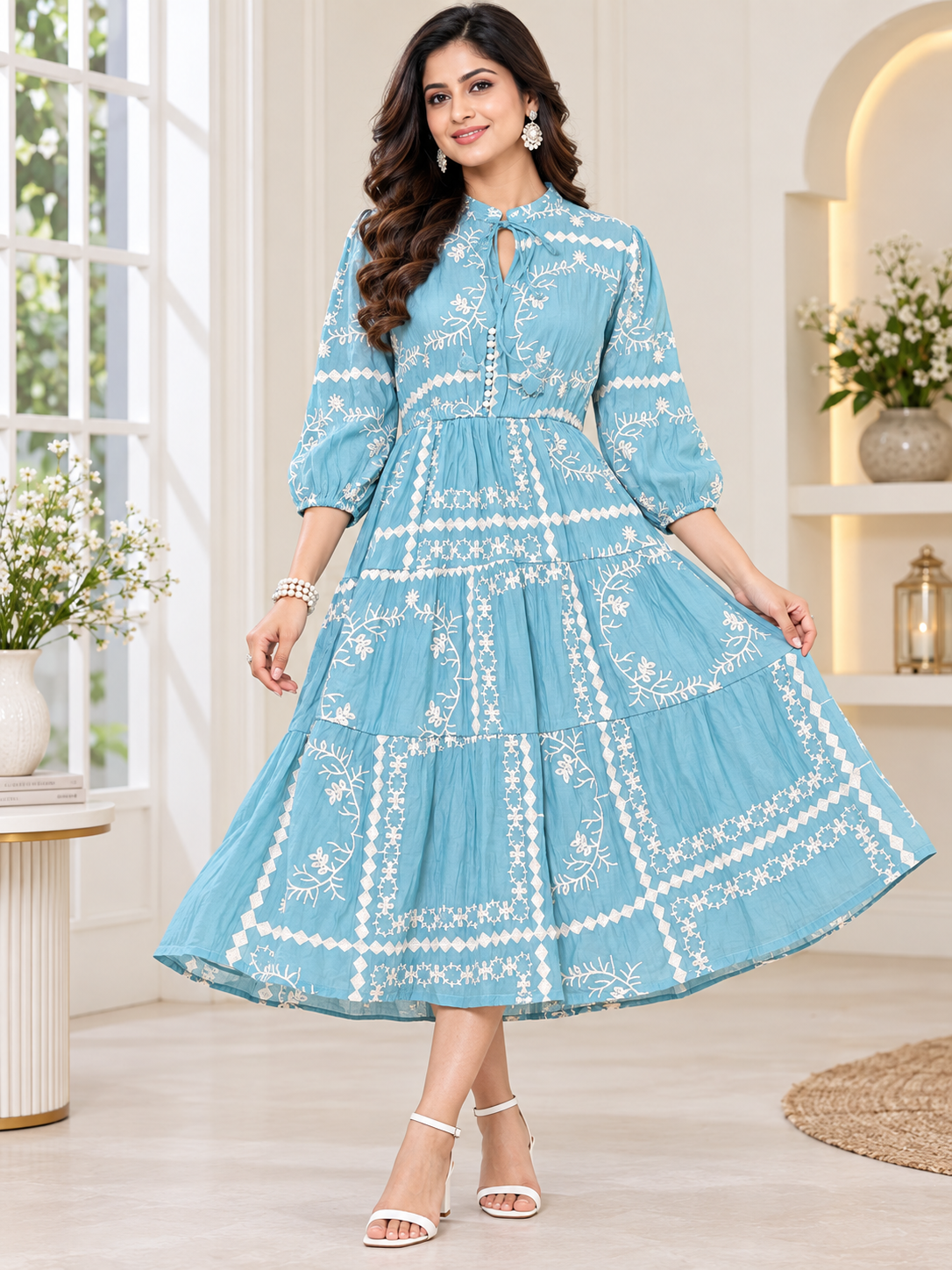 Women’s Sky Blue Cotton Embroidered Tiered Long Dress