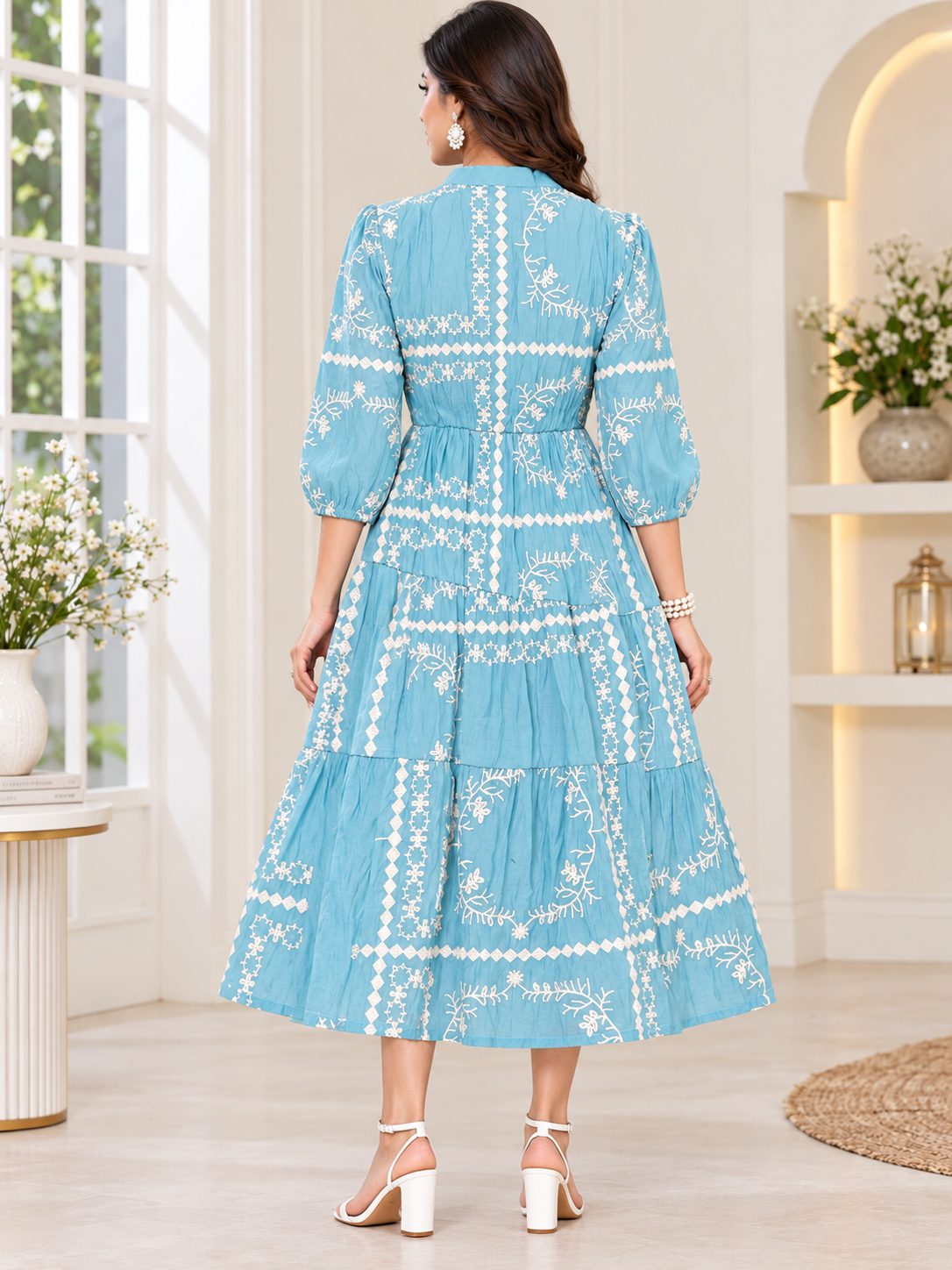 Women’s Sky Blue Cotton Embroidered Tiered Long Dress