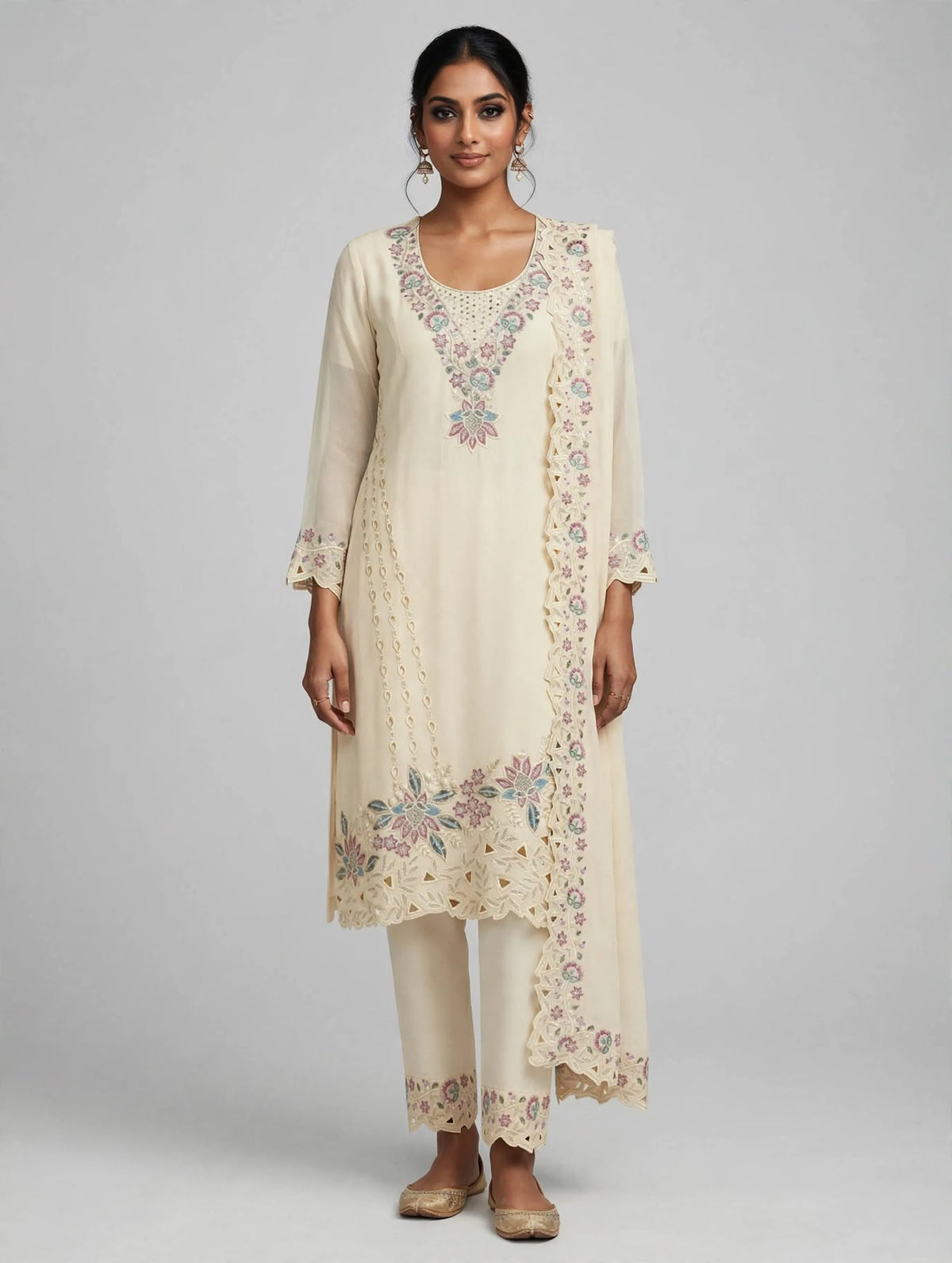 Women’s Cream Georgette Embroidered 3-Piece Kurti  Set