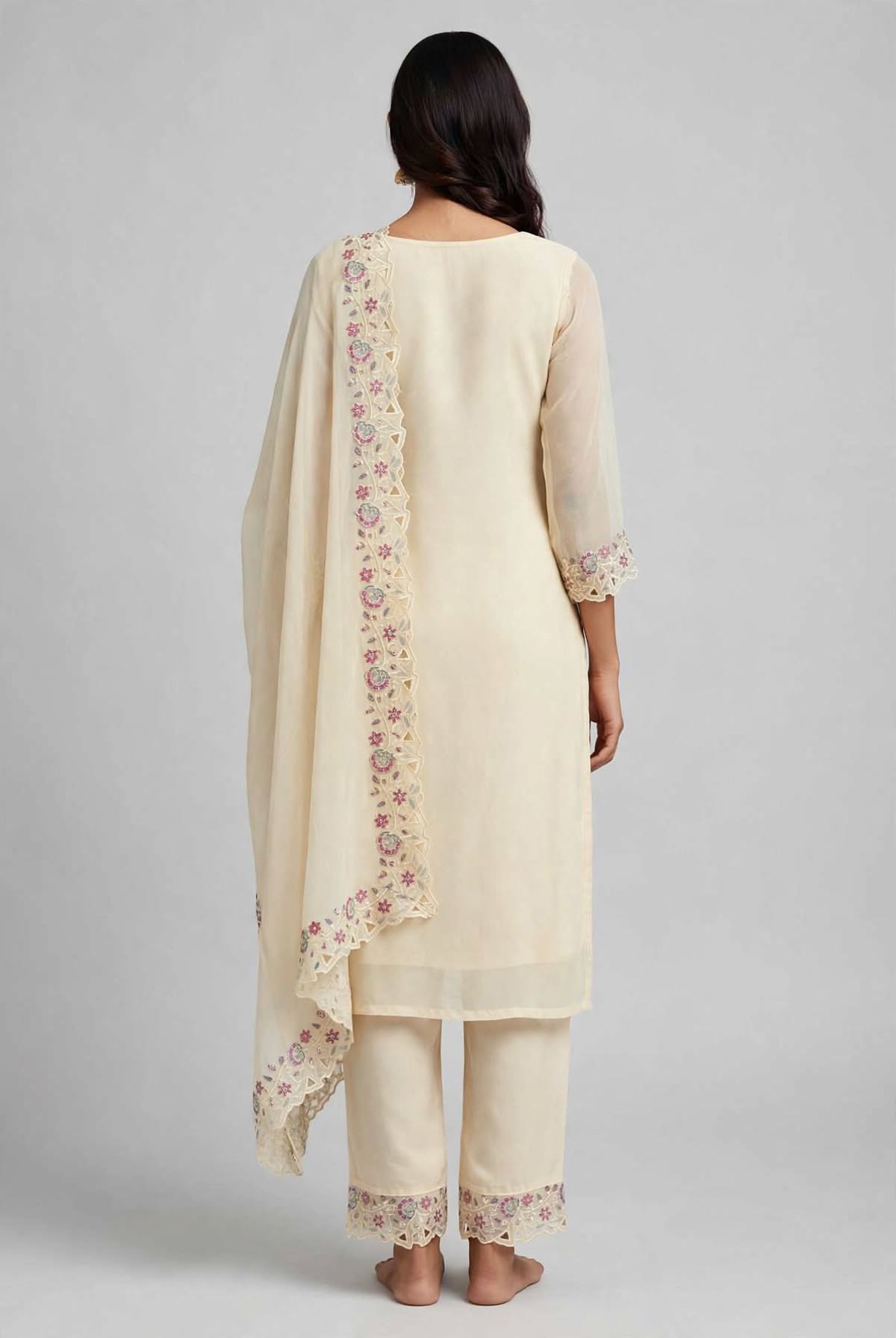 Women’s Cream Georgette Embroidered 3-Piece Kurti  Set