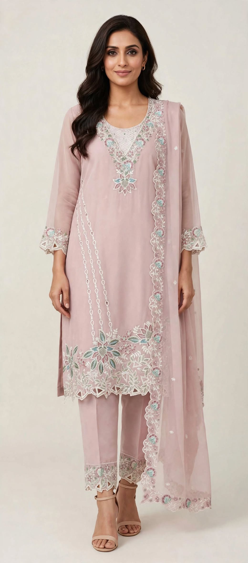Women’s Dusty Mauve Georgette Embroidered 3-Piece Kurti set