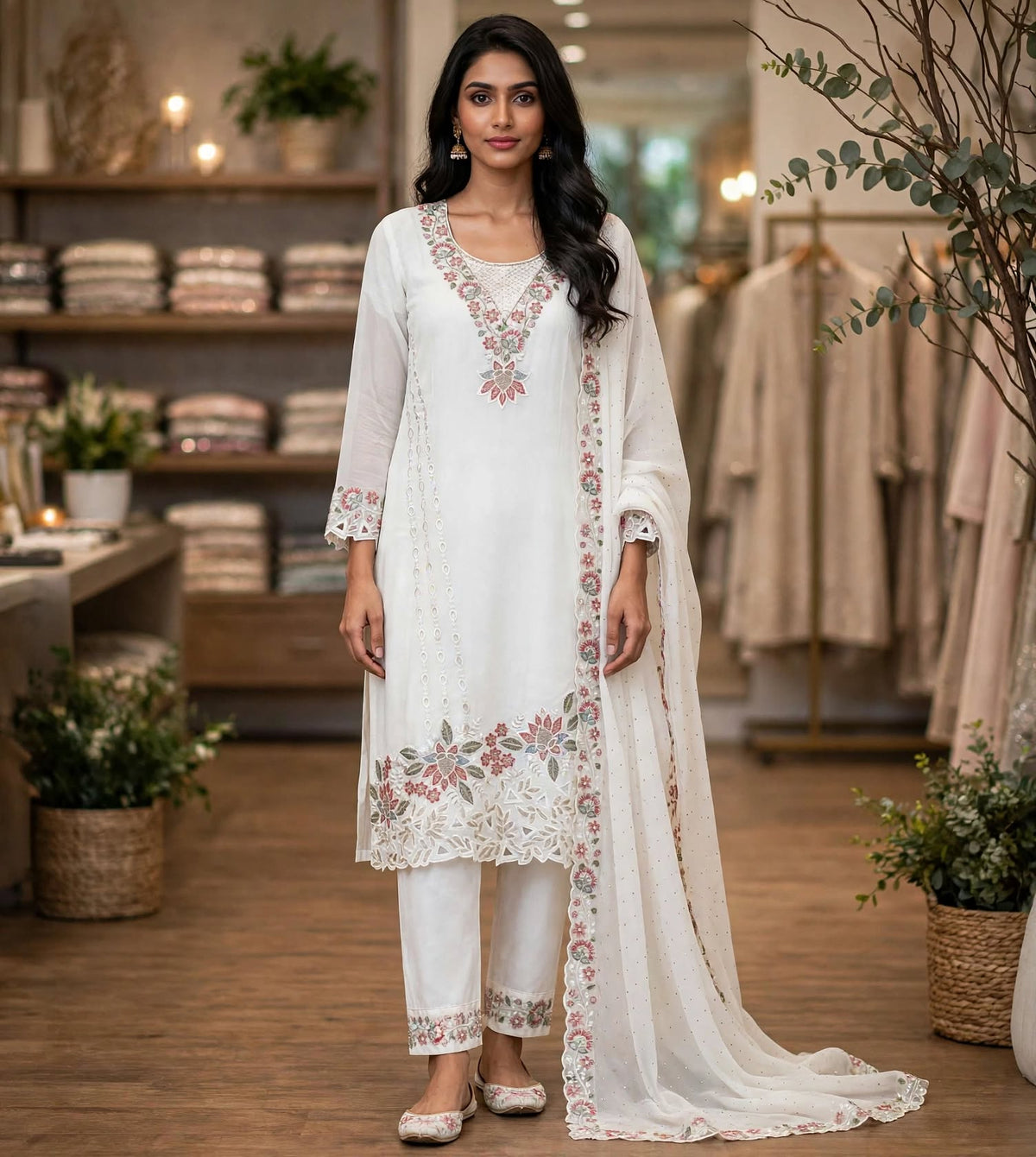 Women’s Off-White Georgette Embroidered 3-Piece Kurti set