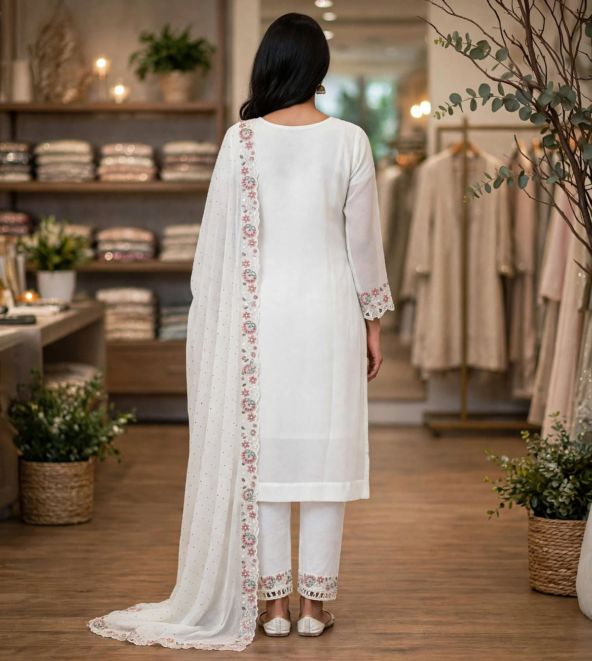 Women’s Off-White Georgette Embroidered 3-Piece Kurti set