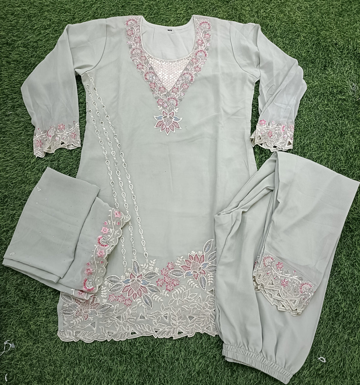 Women’s Sage Grey Georgette Embroidered 3-Piece Kurti set
