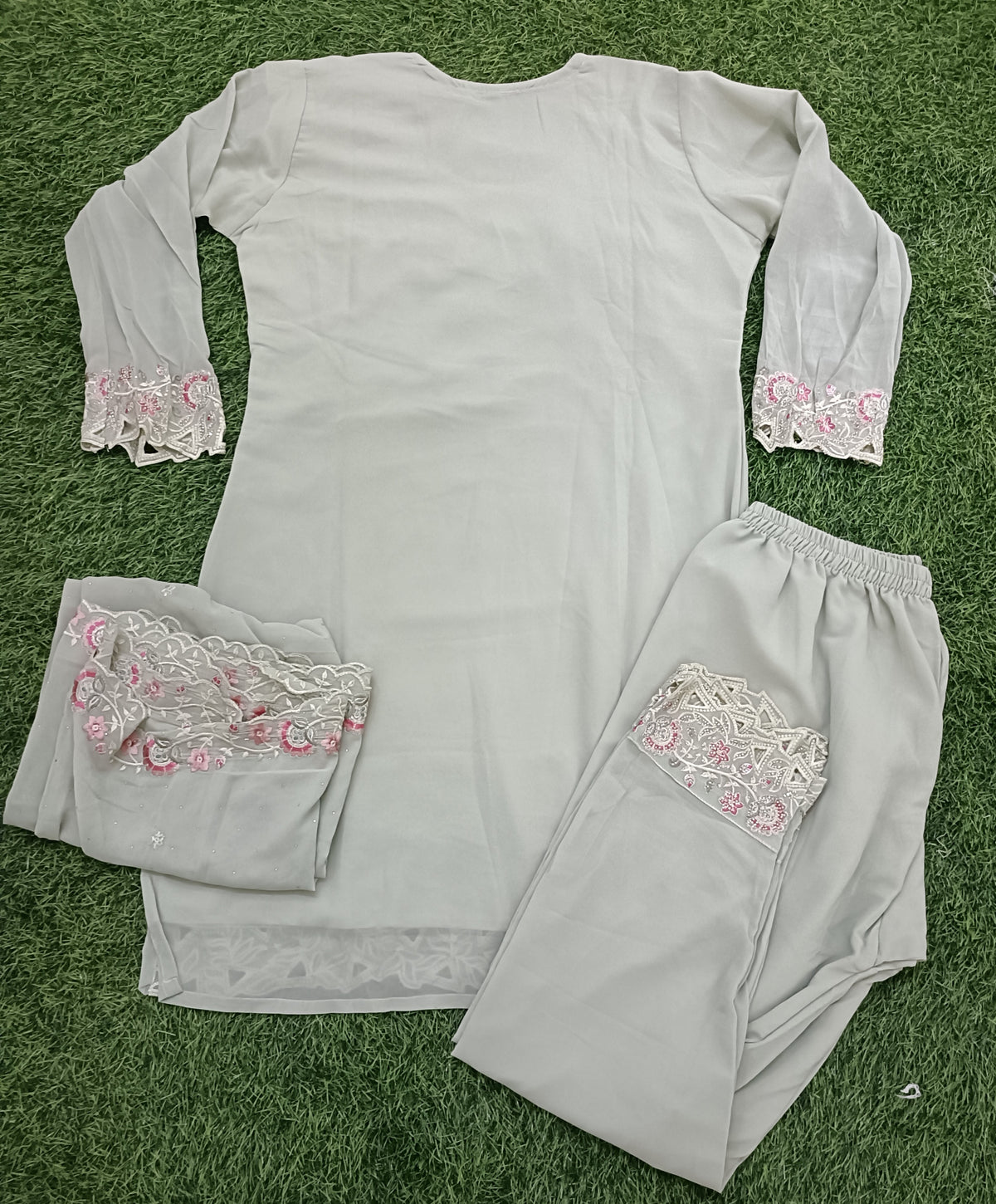 Women’s Sage Grey Georgette Embroidered 3-Piece Kurti set