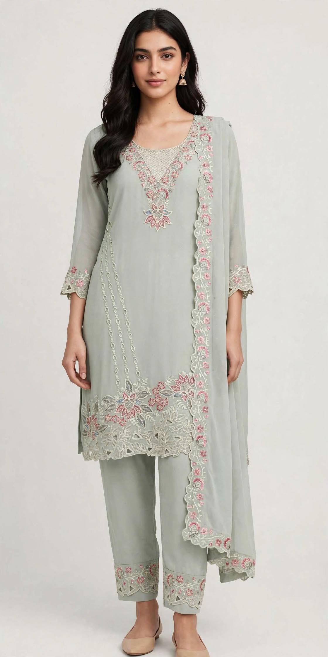 Women’s Sage Grey Georgette Embroidered 3-Piece Kurti set