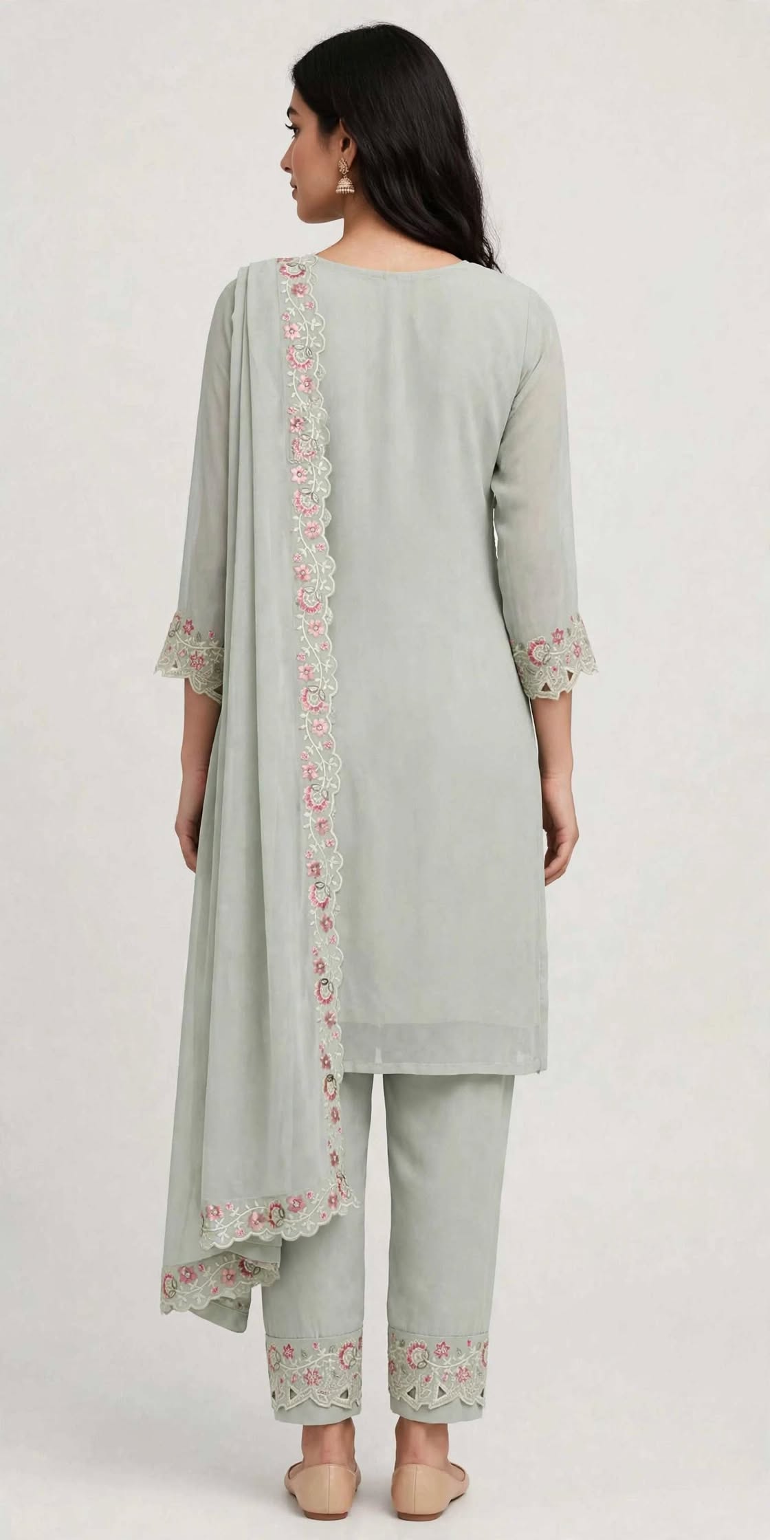 Women’s Sage Grey Georgette Embroidered 3-Piece Kurti set
