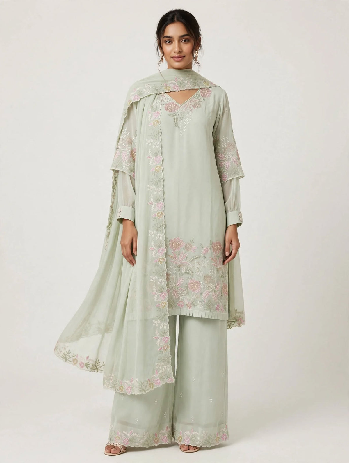 Women’s Light Sage Green  Georgette Embroidered 3-Piece Kurti set