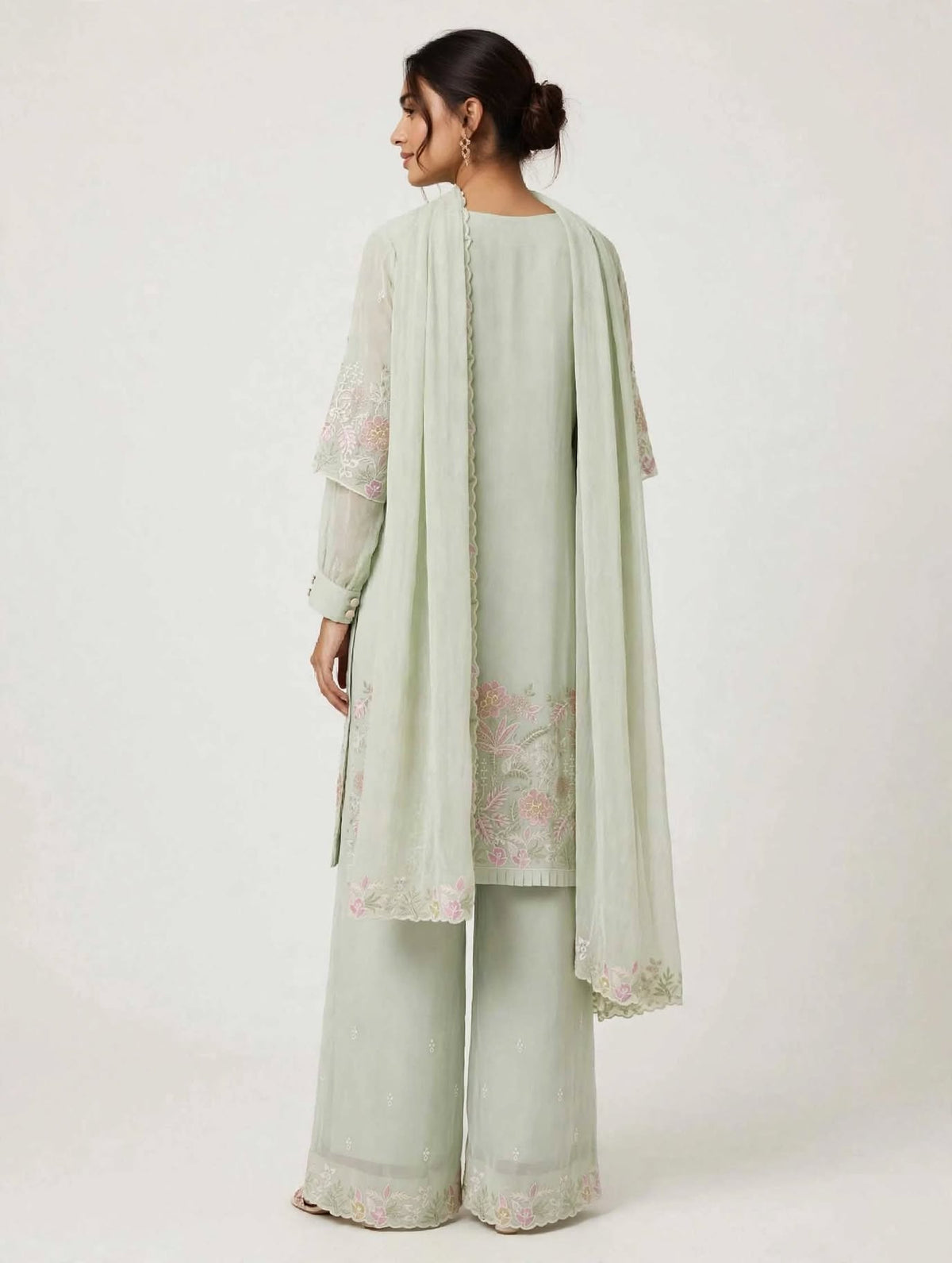 Women’s Light Sage Green  Georgette Embroidered 3-Piece Kurti set