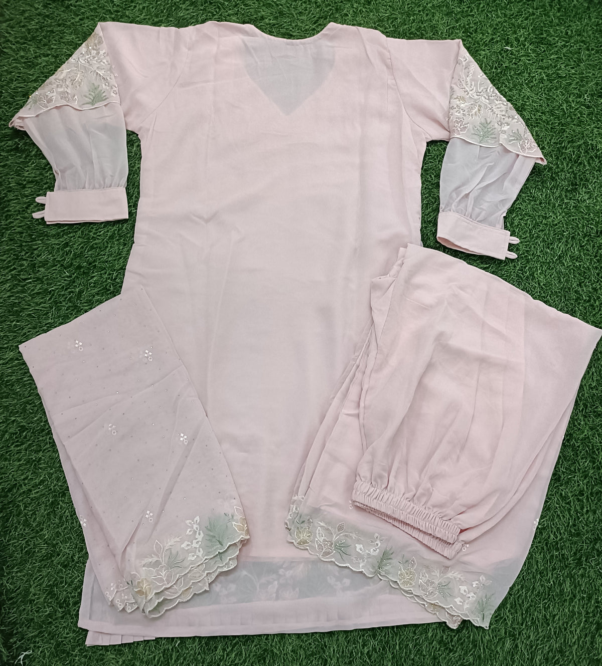 Women’s Blush Pink Georgette Embroidered 3-Piece Kurti set