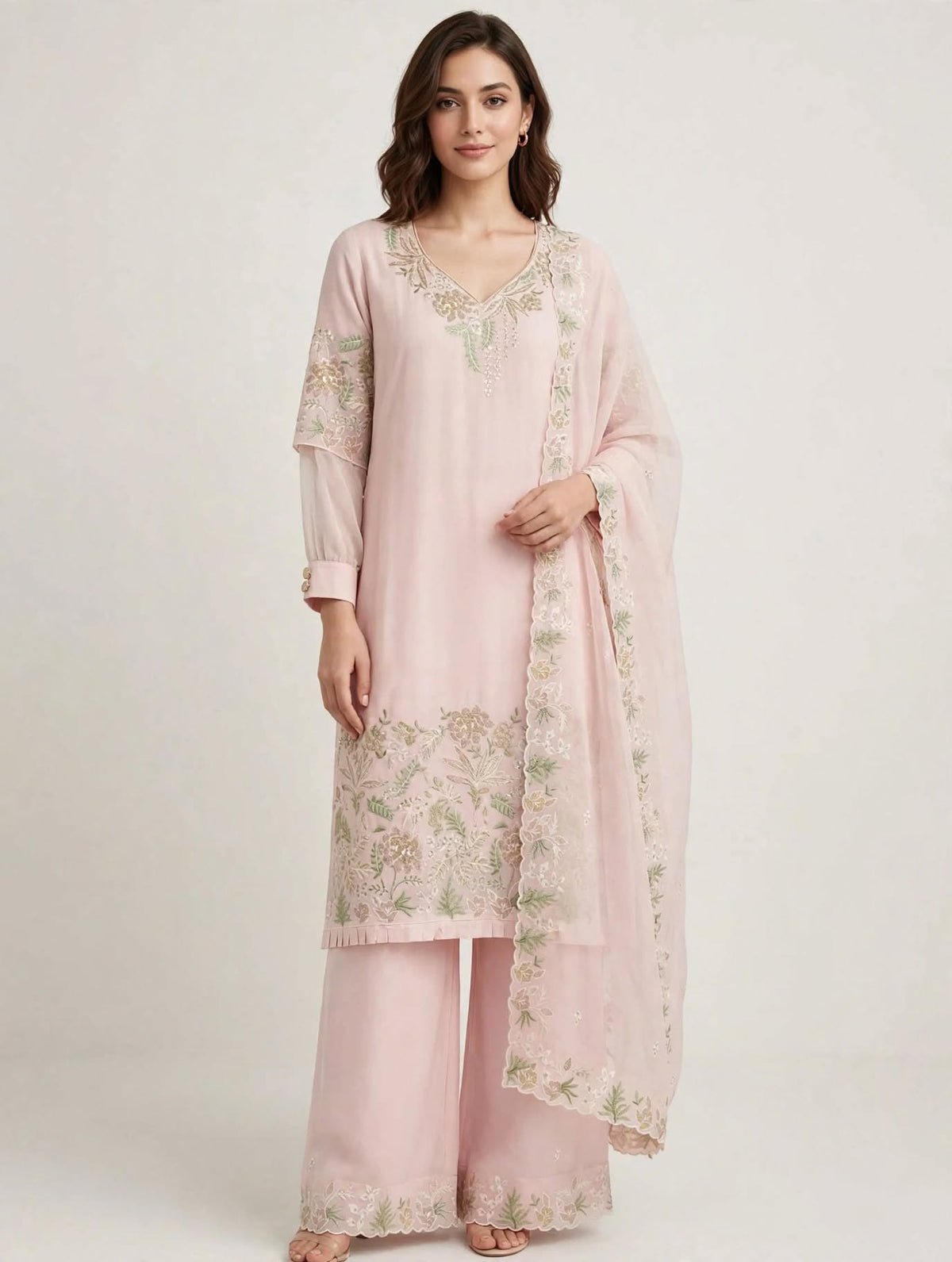 Women’s Blush Pink Georgette Embroidered 3-Piece Kurti set
