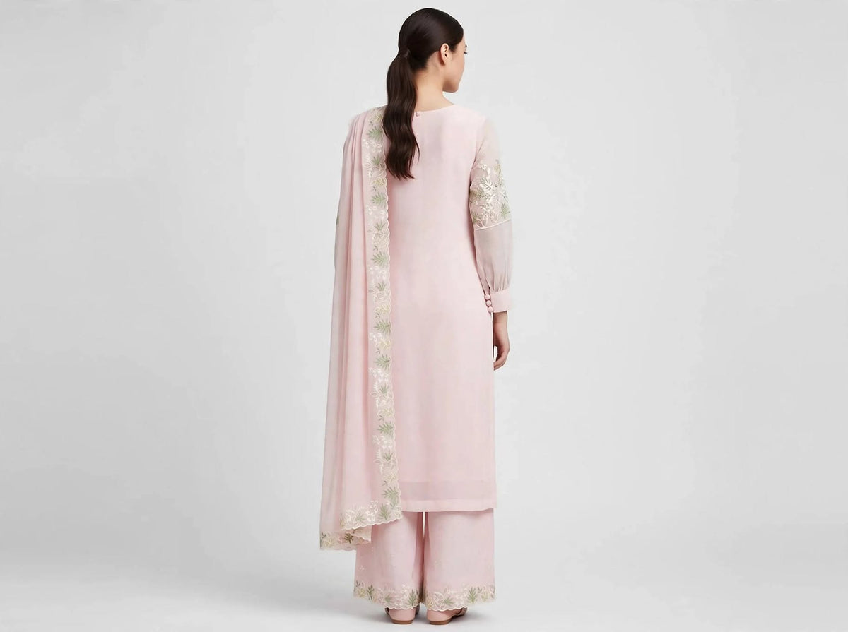 Women’s Blush Pink Georgette Embroidered 3-Piece Kurti set