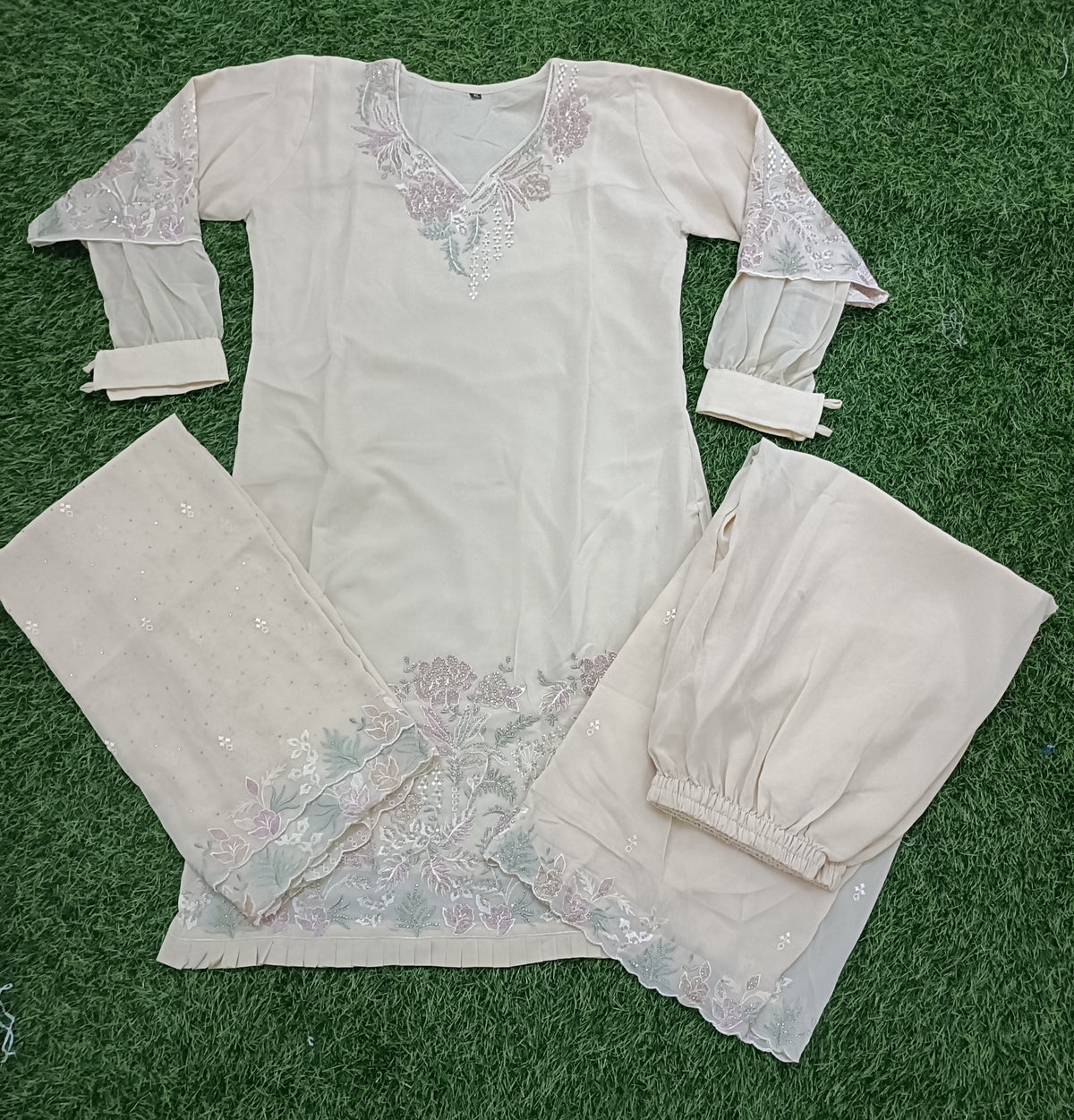 Women’s Light Beige Georgette Embroidered 3-Piece Kurti set