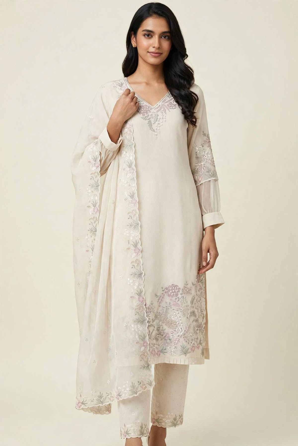 Women’s Light Beige Georgette Embroidered 3-Piece Kurti set