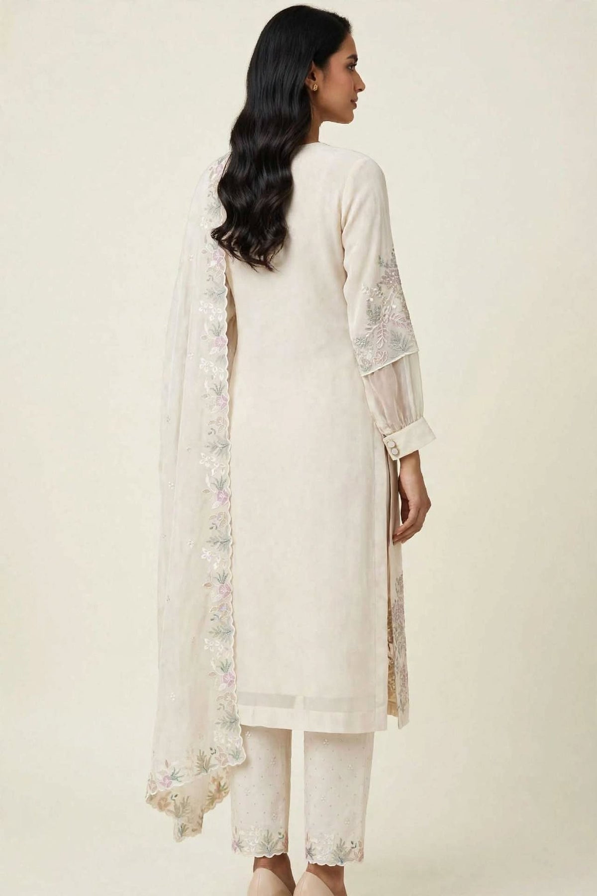 Women’s Light Beige Georgette Embroidered 3-Piece Kurti set