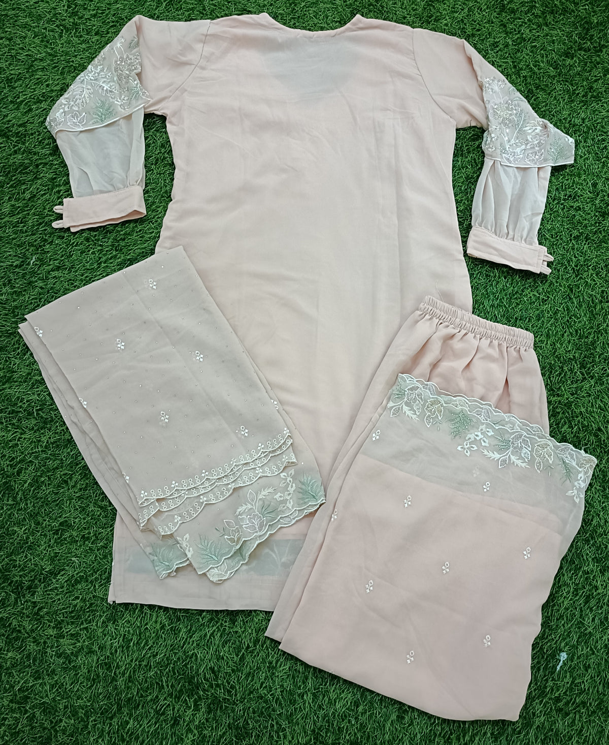Women’s Blush Peach Georgette Embroidered 3-Piece Kurti set