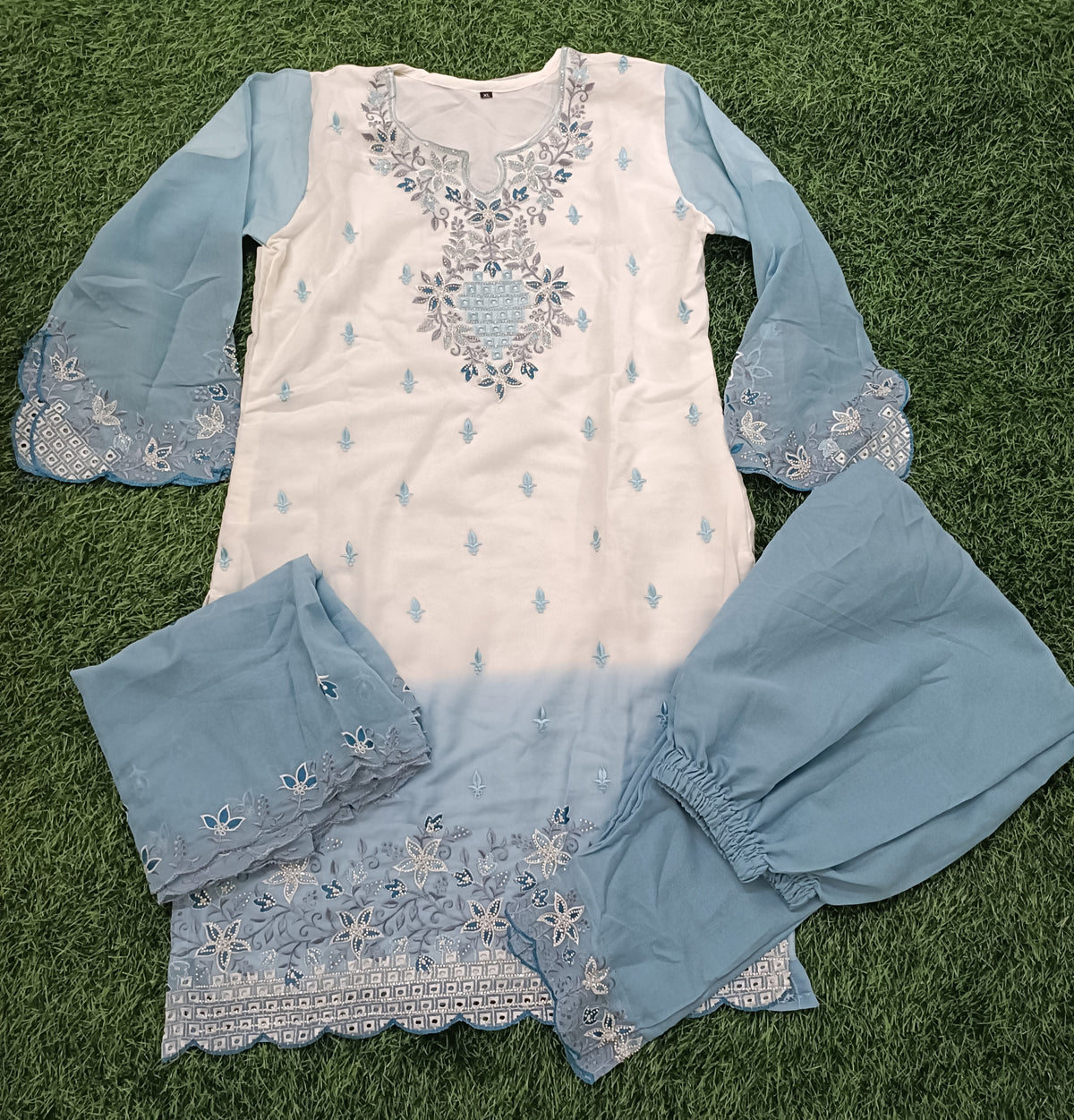 Women’s White & Sky Blue Georgette Embroidered Kurti Pant Dupatta Set