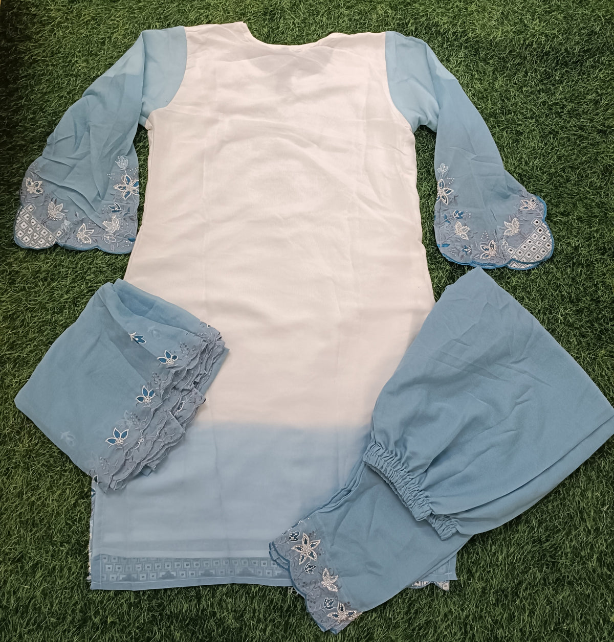 Women’s White & Sky Blue Georgette Embroidered Kurti Pant Dupatta Set