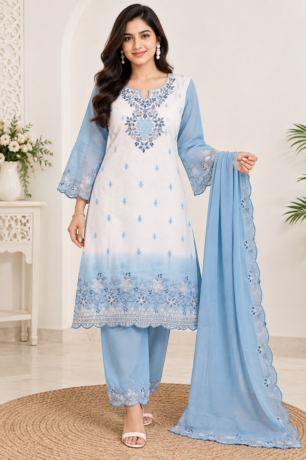 Women’s White & Sky Blue Georgette Embroidered Kurti Pant Dupatta Set