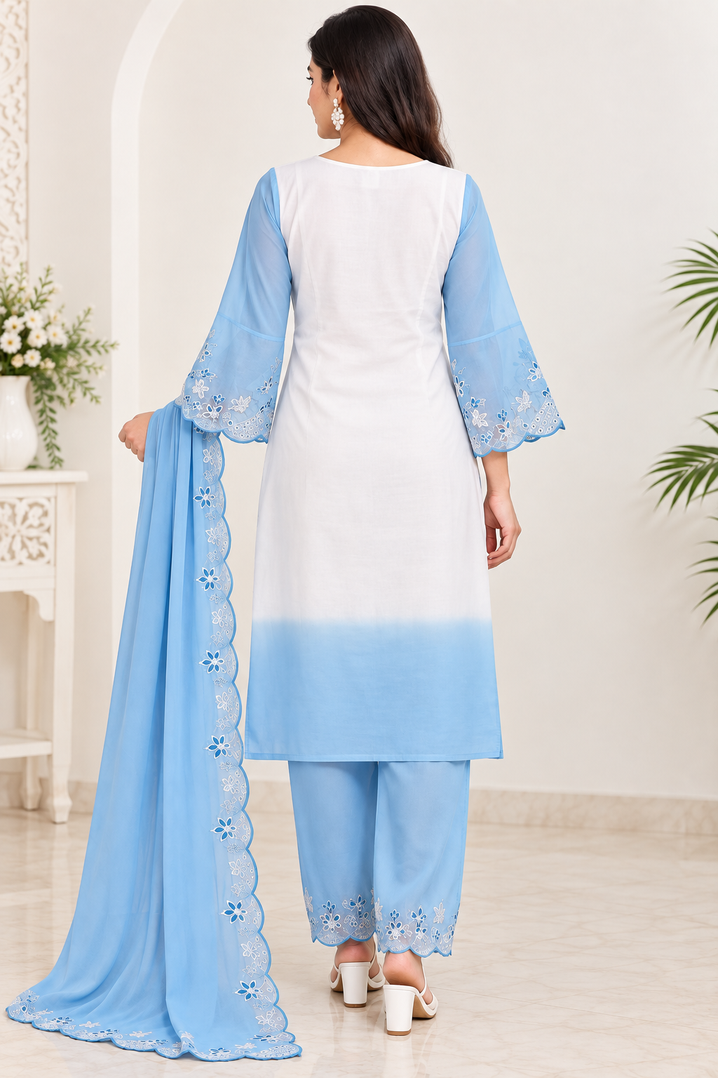 Women’s White & Sky Blue Georgette Embroidered Kurti Pant Dupatta Set