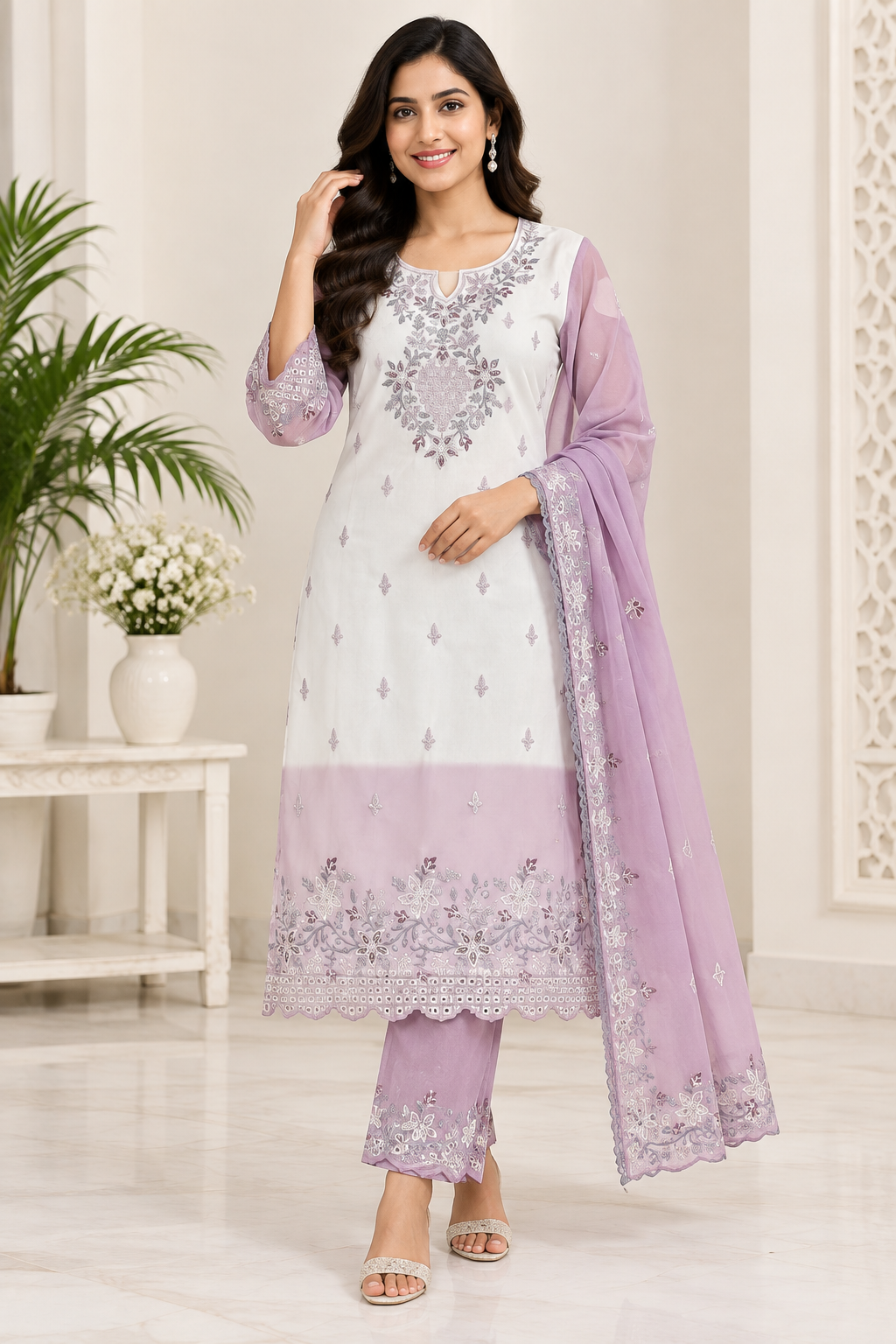 Women’s White & Dusty Mauve Georgette Embroidered Kurti Pant Dupatta Set