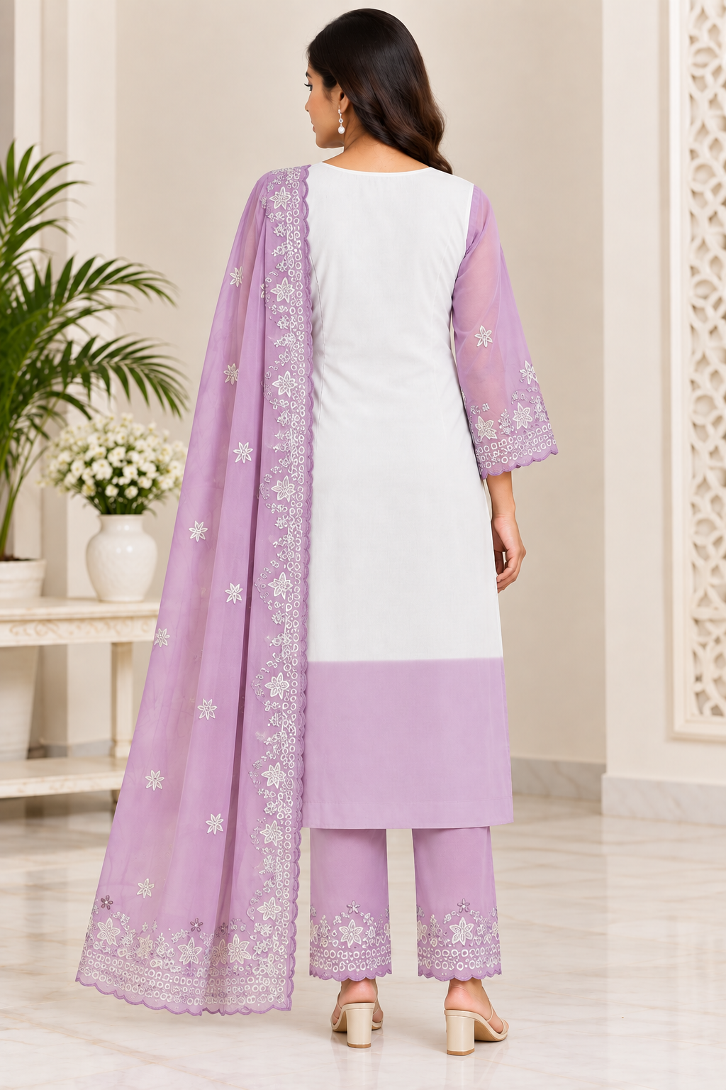 Women’s White & Dusty Mauve Georgette Embroidered Kurti Pant Dupatta Set