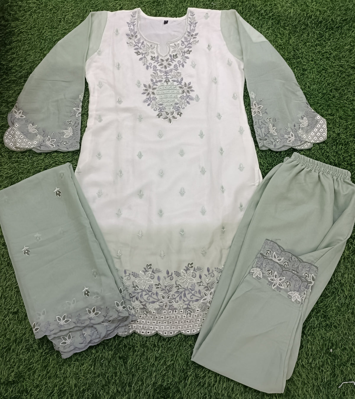 Women’s White & Pista Green Georgette Embroidered Kurti Pant Dupatta Set