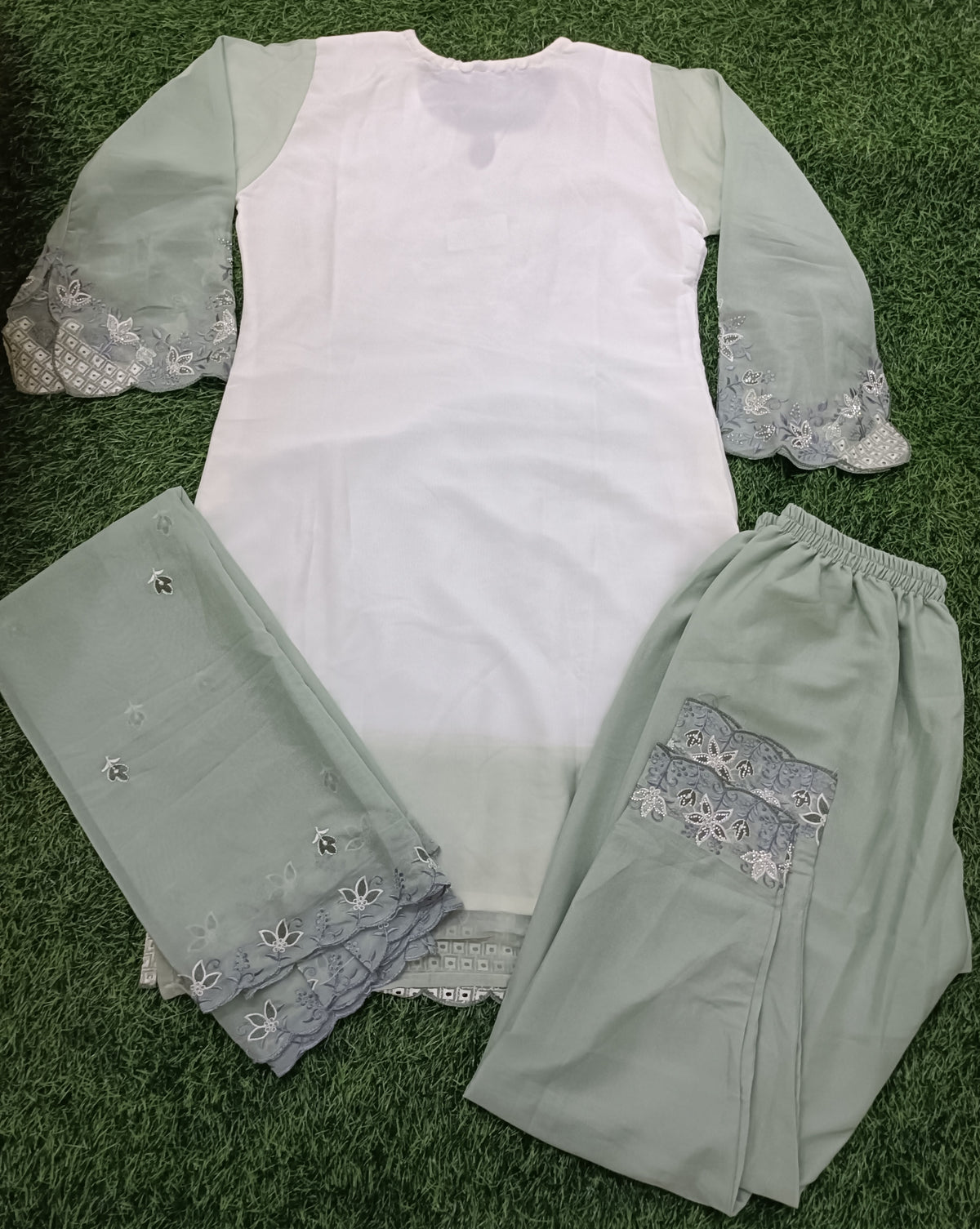 Women’s White & Pista Green Georgette Embroidered Kurti Pant Dupatta Set
