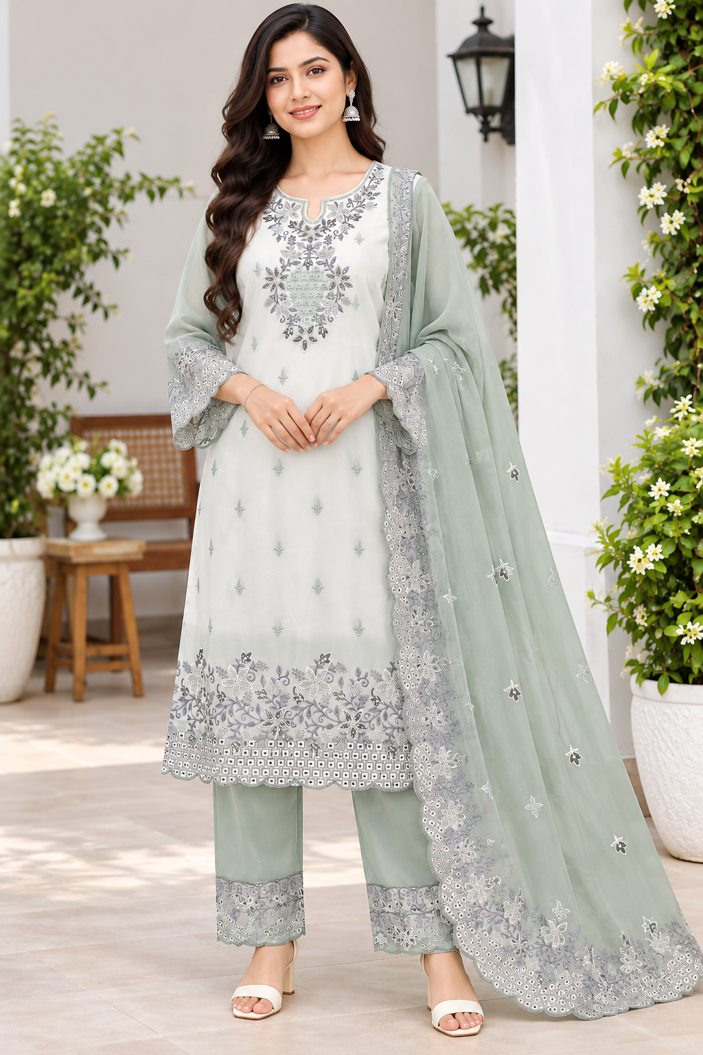 Women’s White & Pista Green Georgette Embroidered Kurti Pant Dupatta Set