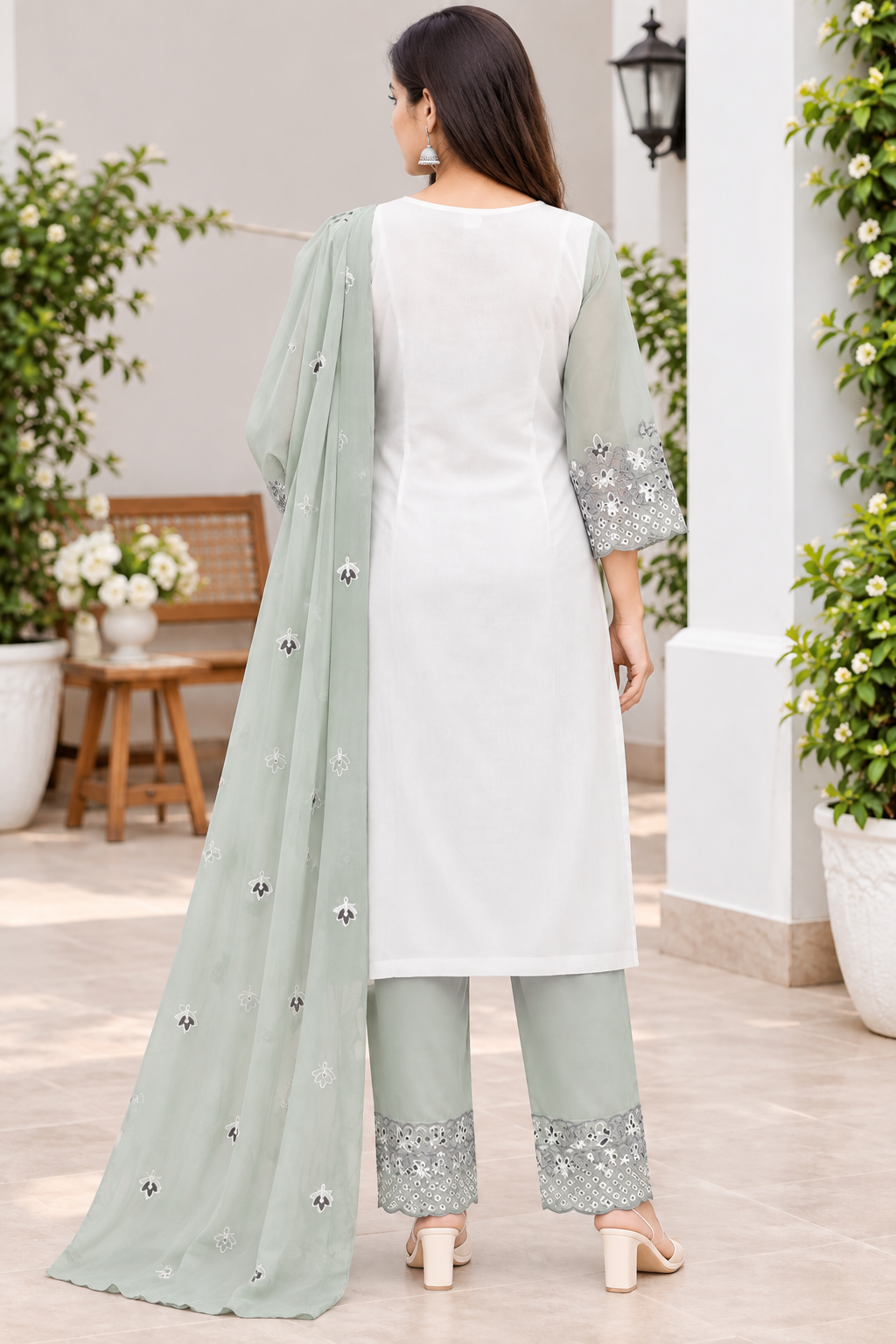 Women’s White & Pista Green Georgette Embroidered Kurti Pant Dupatta Set