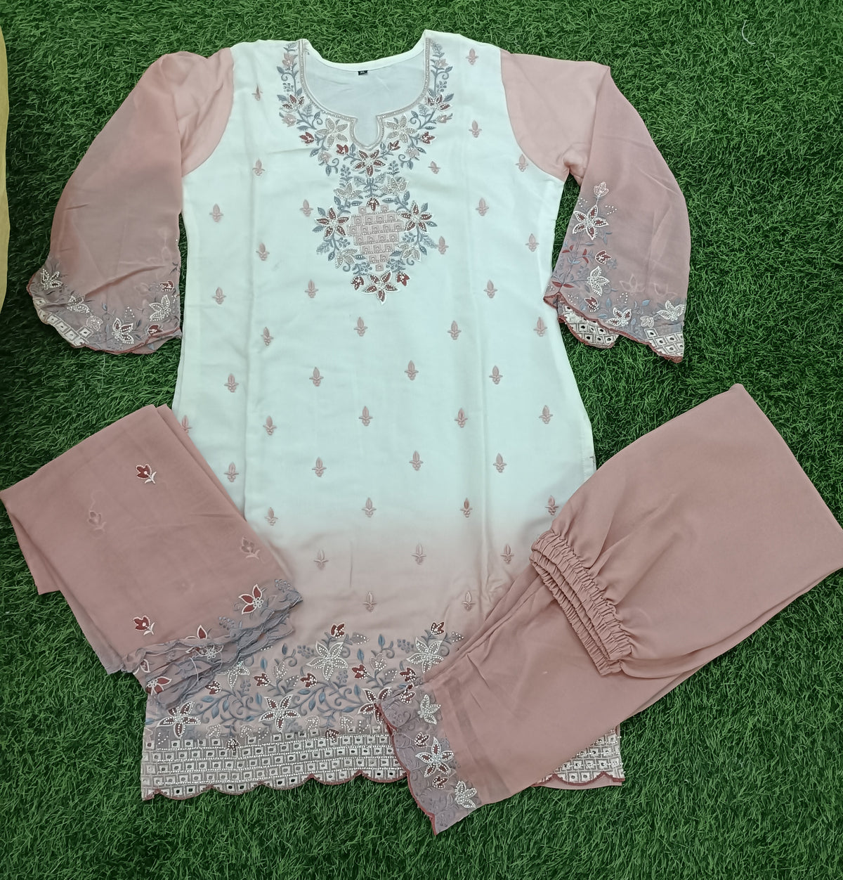 Women’s White & Dusty Peach Georgette Embroidered Kurti Pant Dupatta Set
