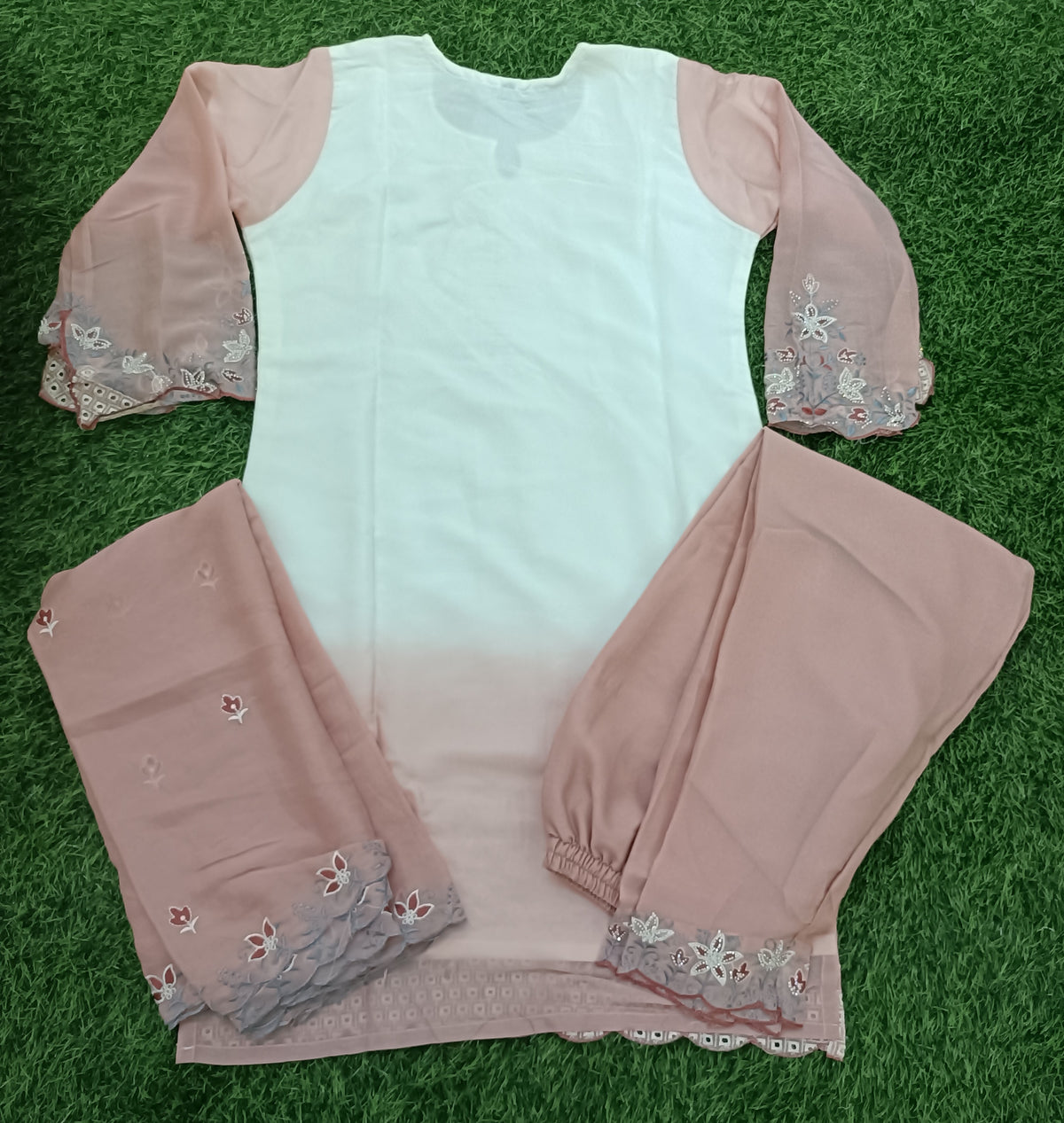 Women’s White & Dusty Peach Georgette Embroidered Kurti Pant Dupatta Set