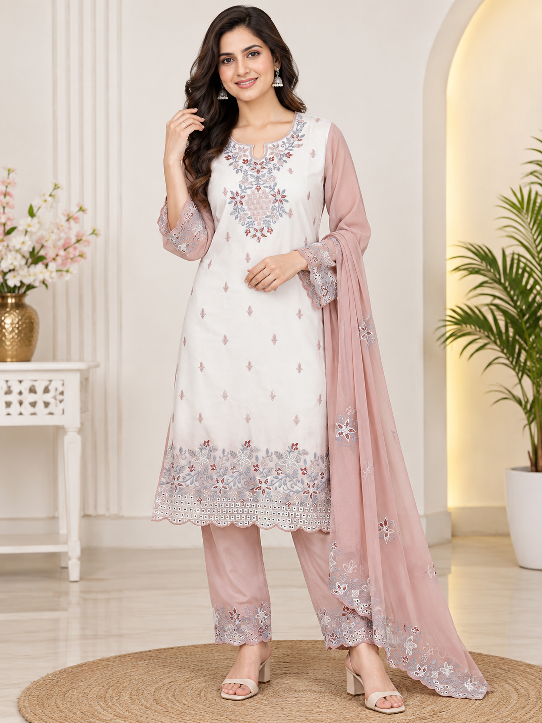 Women’s White & Dusty Peach Georgette Embroidered Kurti Pant Dupatta Set
