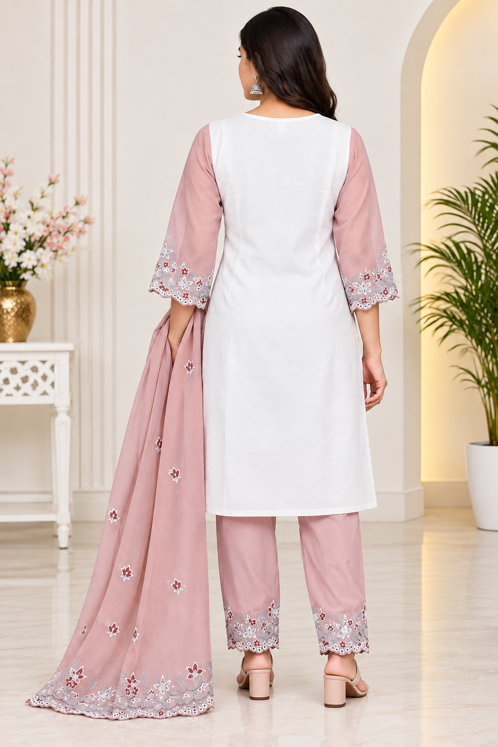 Women’s White & Dusty Peach Georgette Embroidered Kurti Pant Dupatta Set