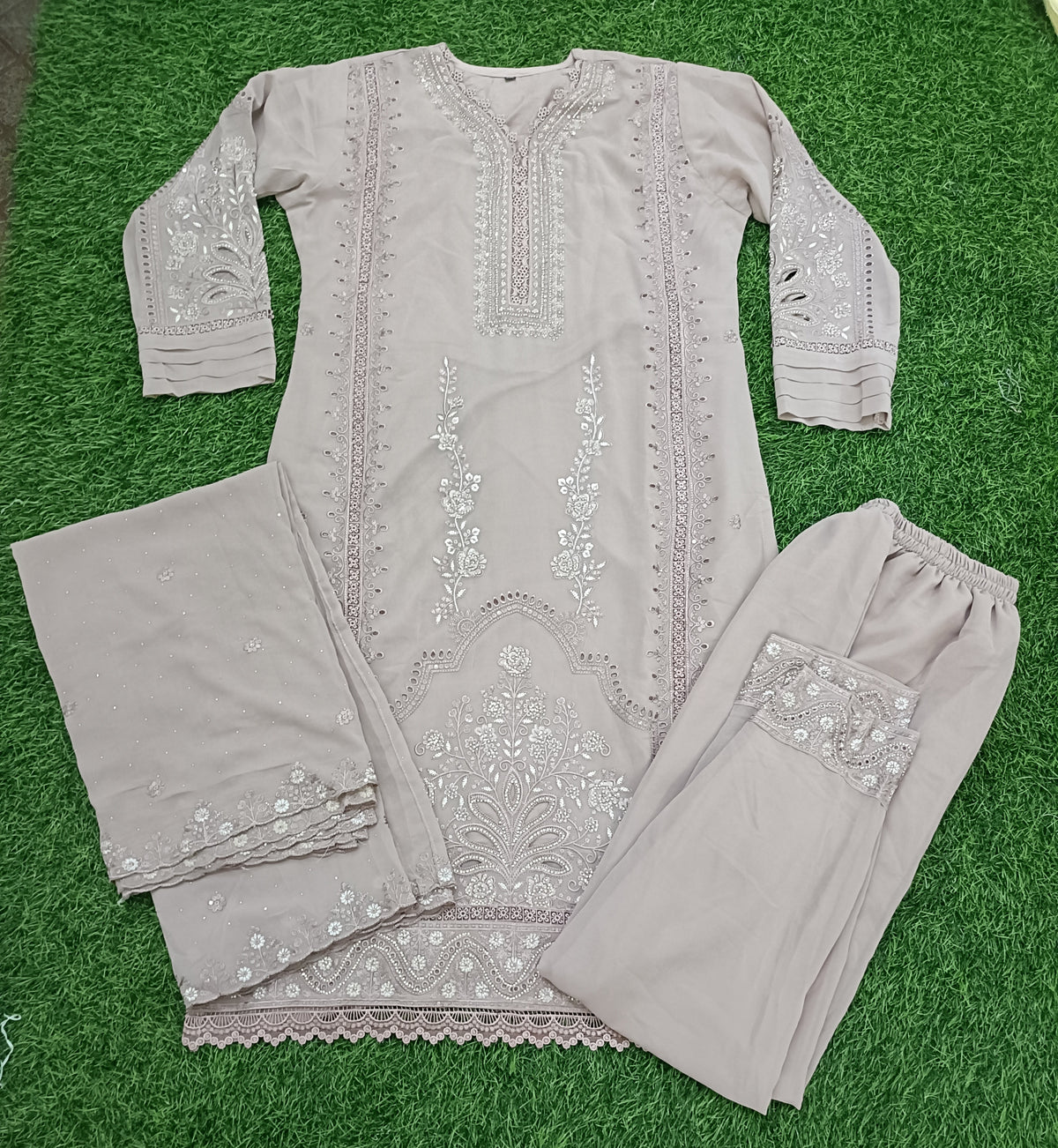 Women’s Taupe Georgette Embroidered Kurti Pant Dupatta Set