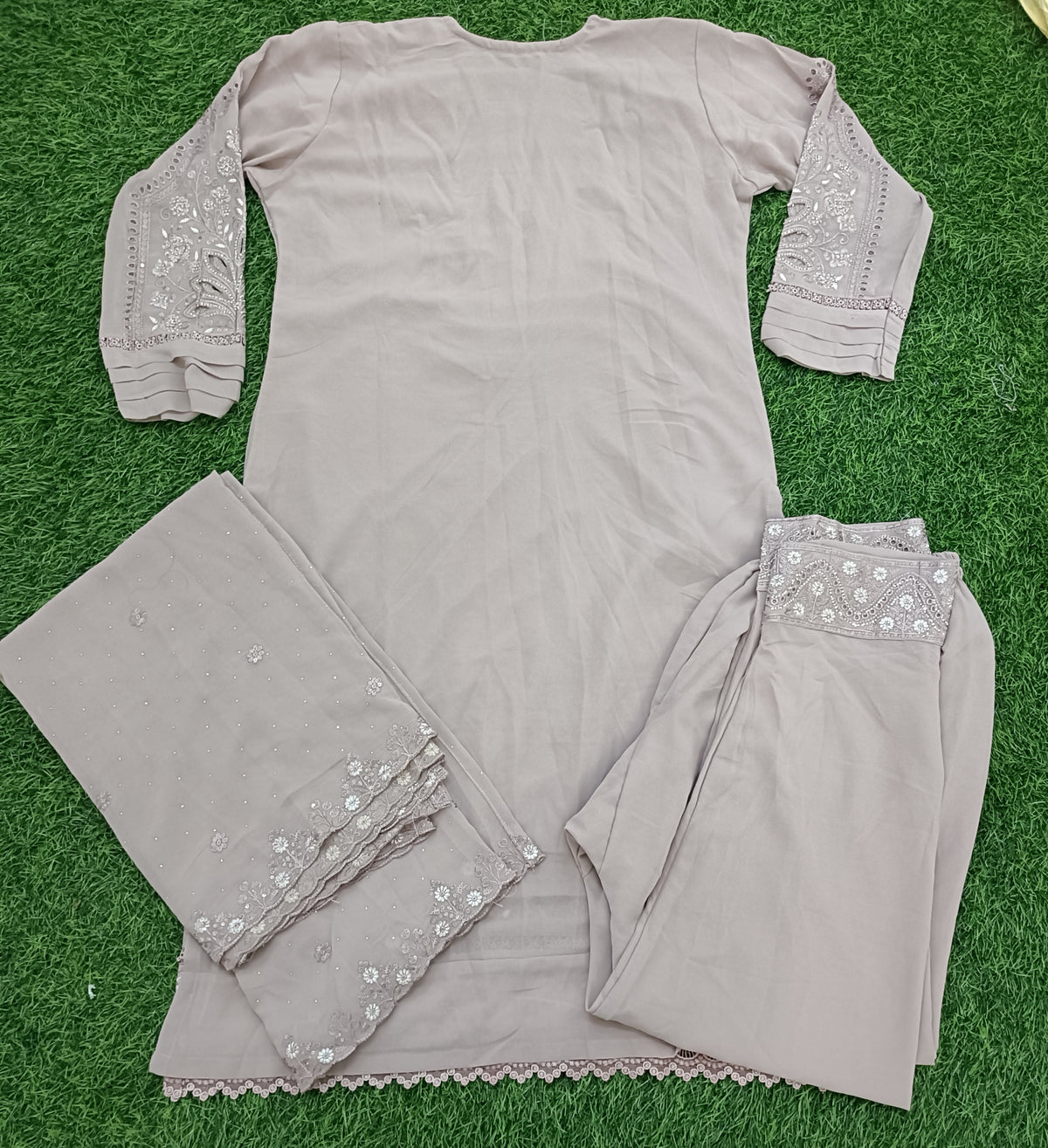 Women’s Taupe Georgette Embroidered Kurti Pant Dupatta Set