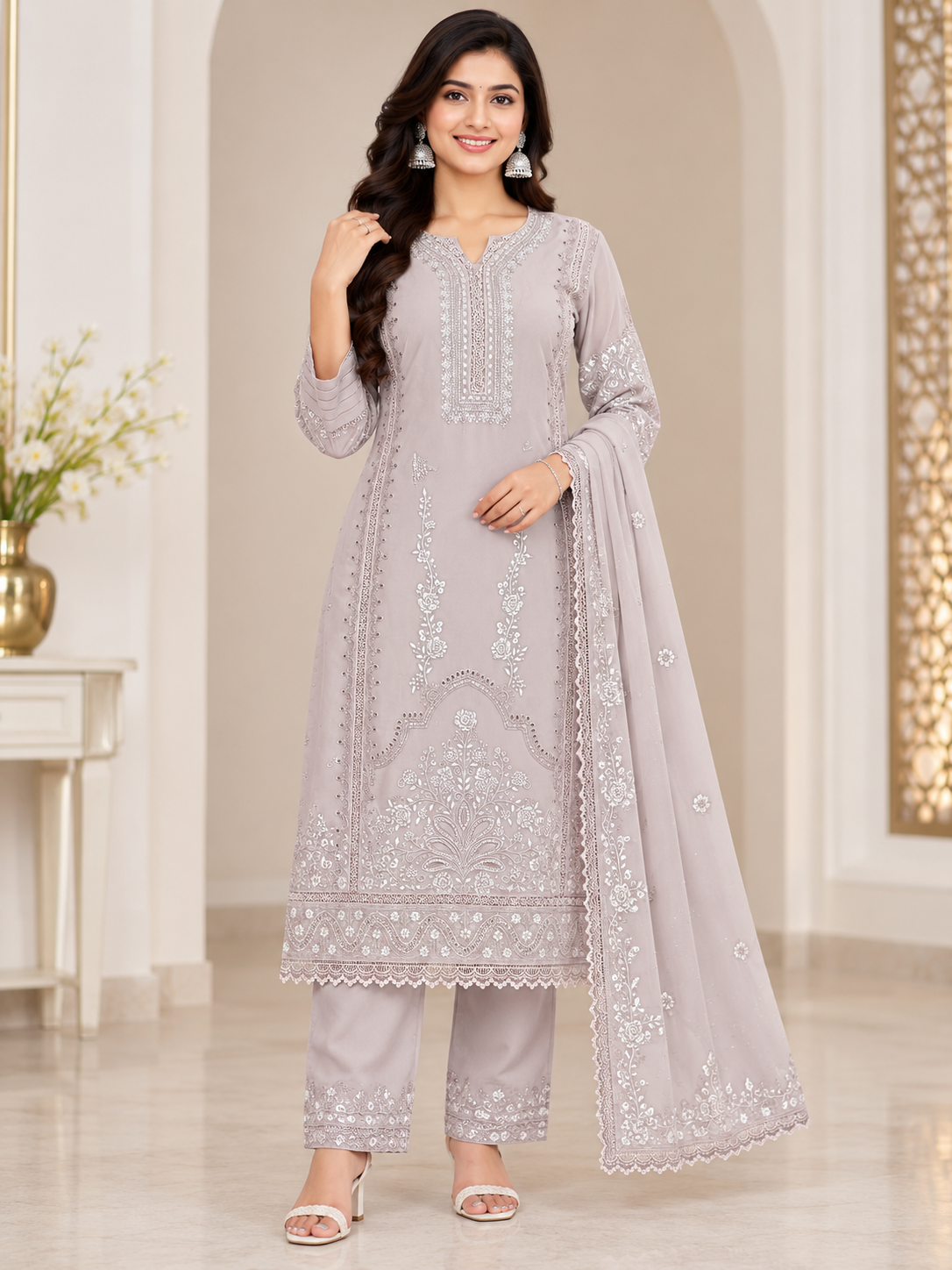 Women’s Taupe Georgette Embroidered Kurti Pant Dupatta Set