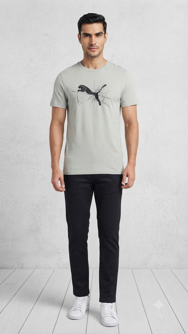 PUMA Men’s Light Grey Graphic Printed Round Neck T-Shirt