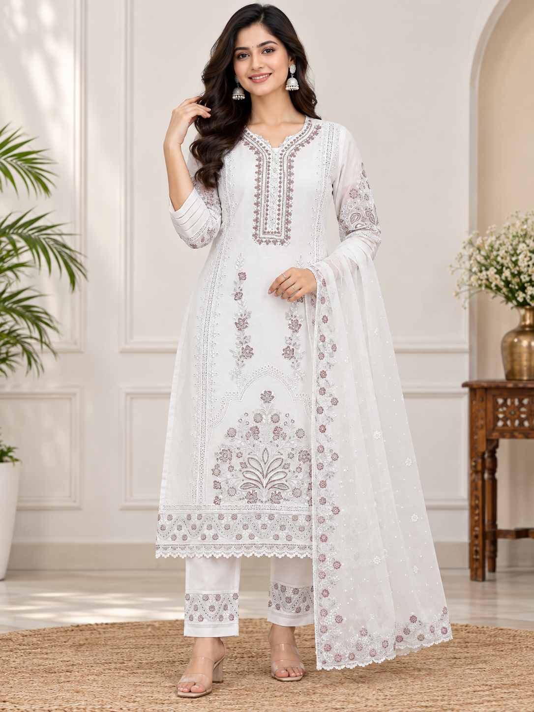 Women’s White Georgette Floral Embroidered Kurti Pant Dupatta Set