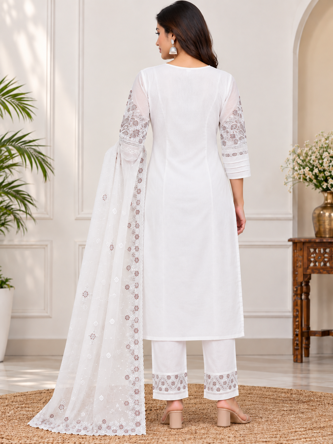 Women’s White Georgette Floral Embroidered Kurti Pant Dupatta Set