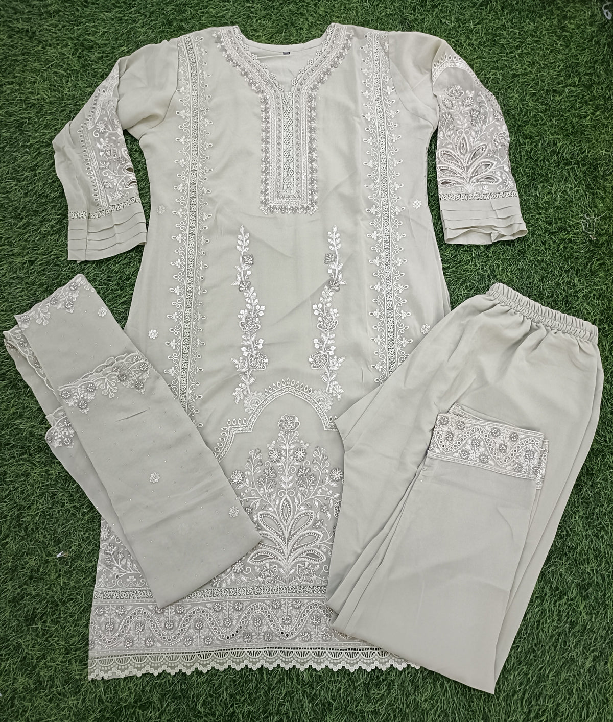 Women’s Pista green Georgette Embroidered Kurti Pant Dupatta Set