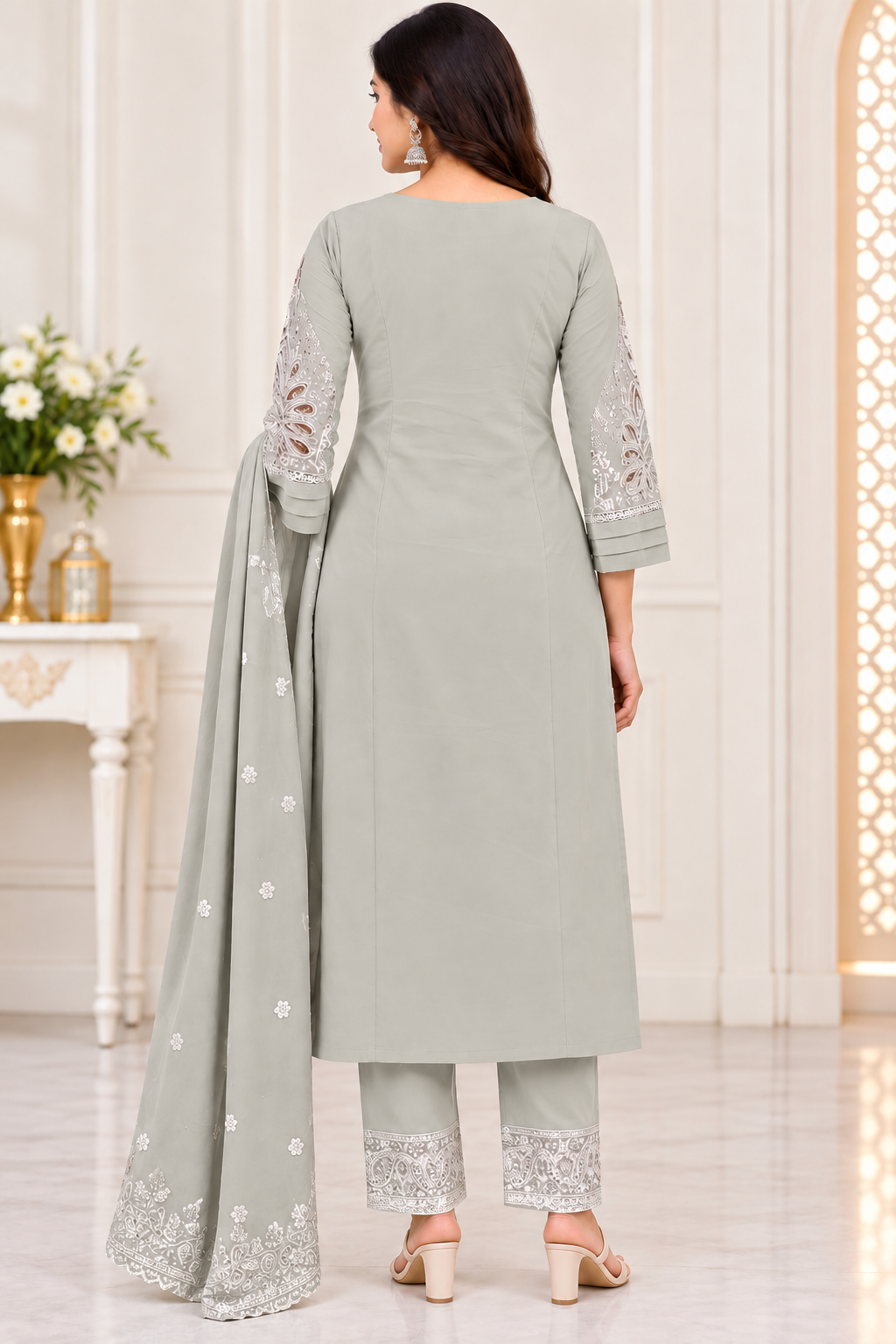 Women’s Pista green Georgette Embroidered Kurti Pant Dupatta Set
