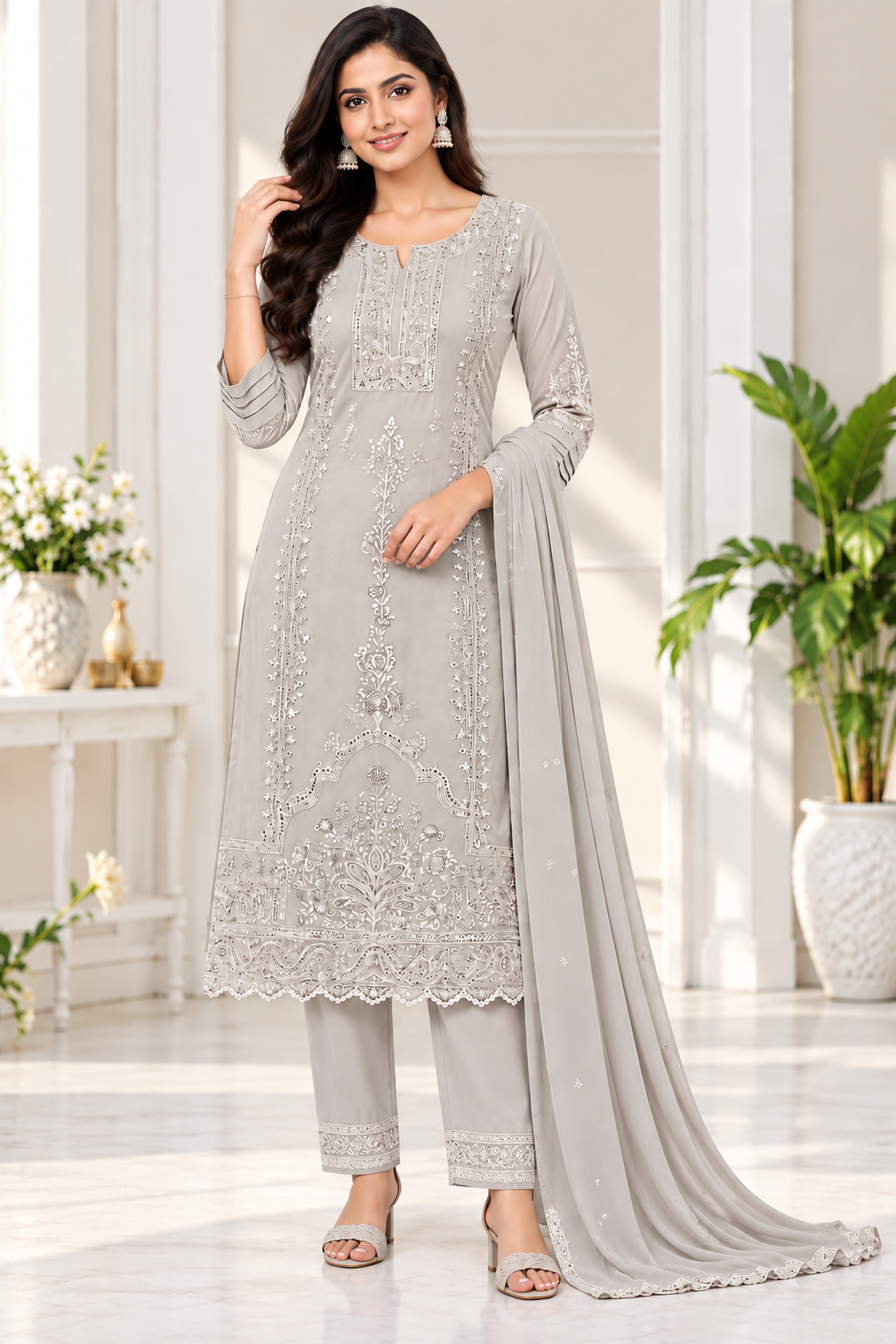 Women’s Light Sage Grey Georgette Embroidered Kurti Pant Dupatta Set