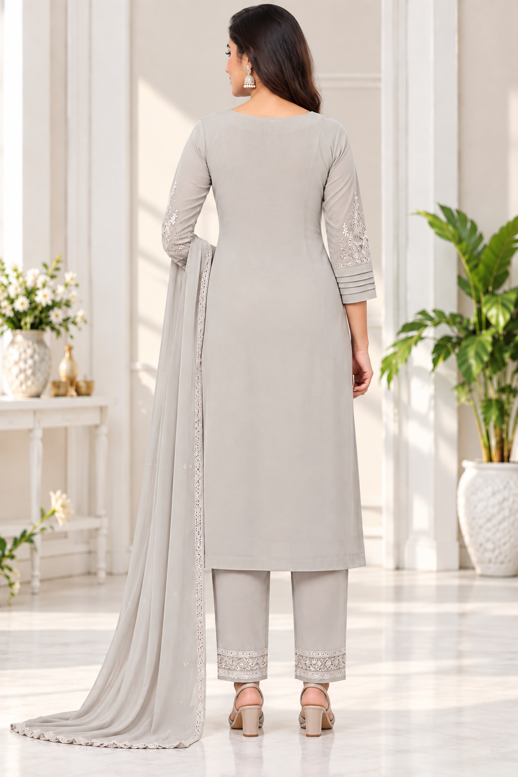 Women’s Light Sage Grey Georgette Embroidered Kurti Pant Dupatta Set