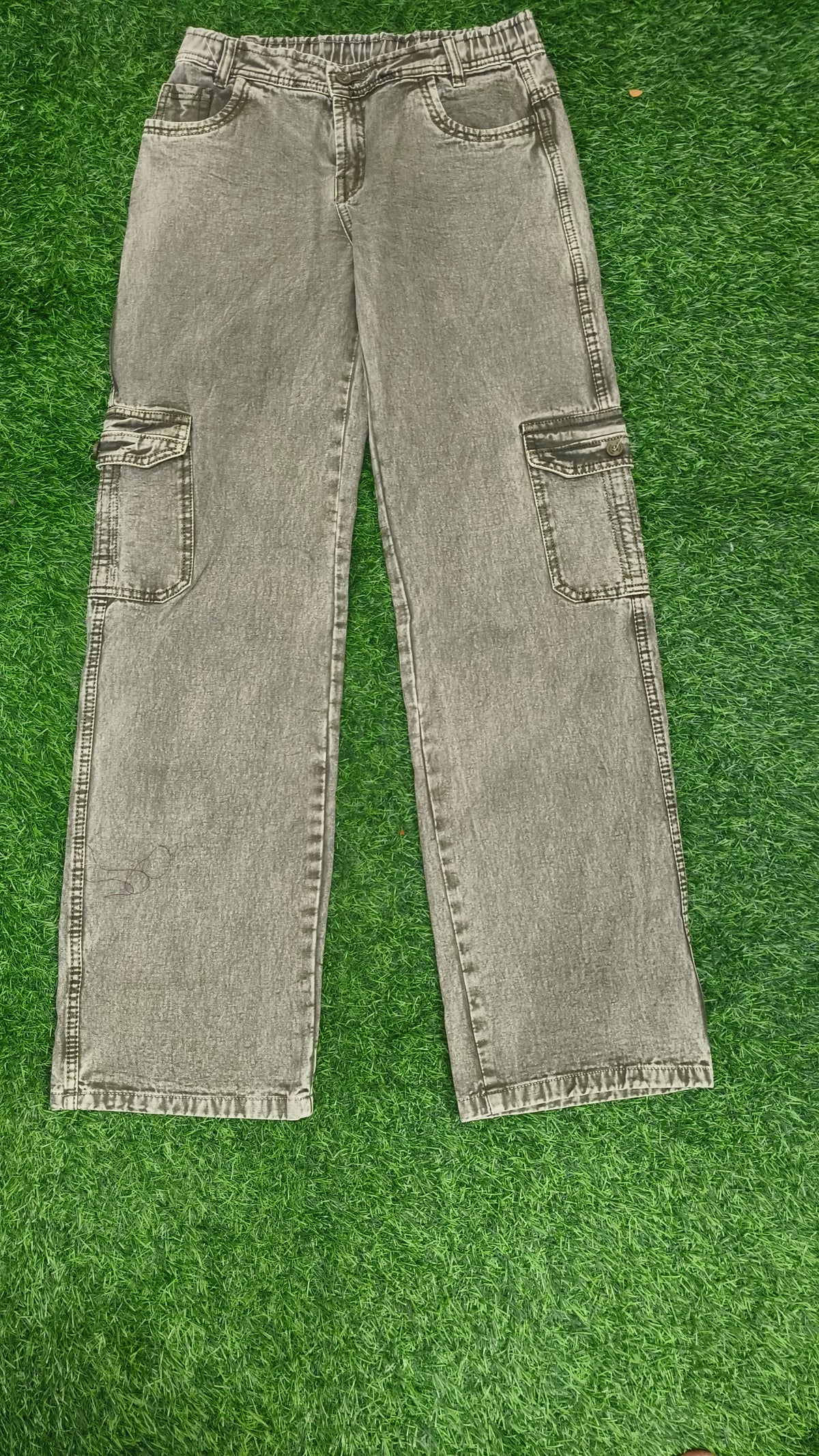 Boys Light Olive Green Washed Denim Cargo Jeans