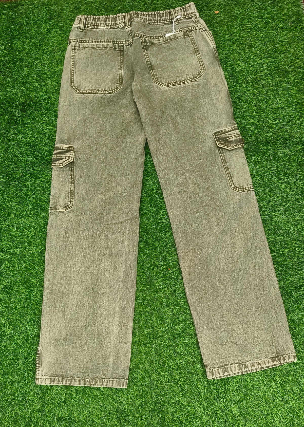Boys Light Olive Green Washed Denim Cargo Jeans