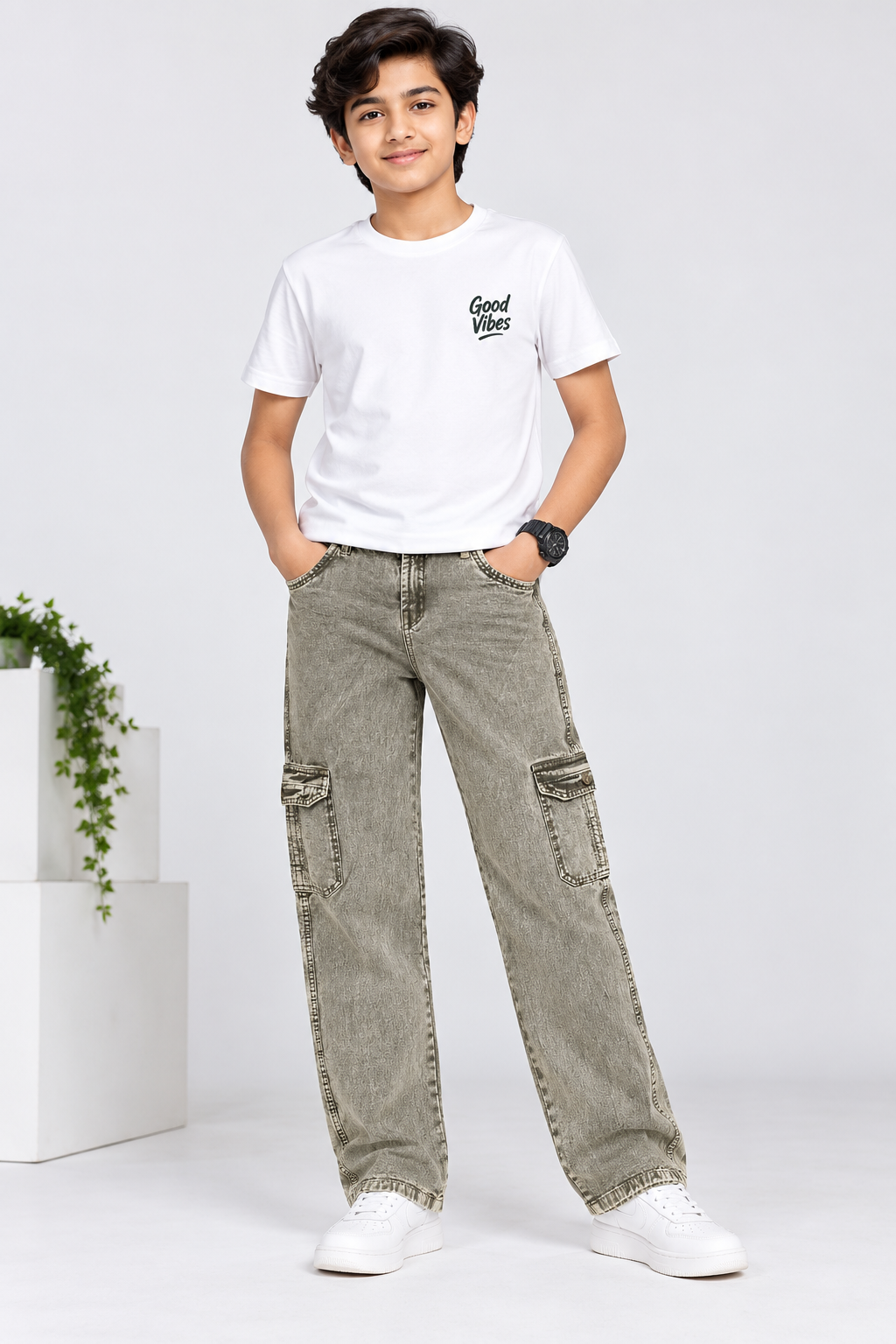 Boys Light Olive Green Washed Denim Cargo Jeans