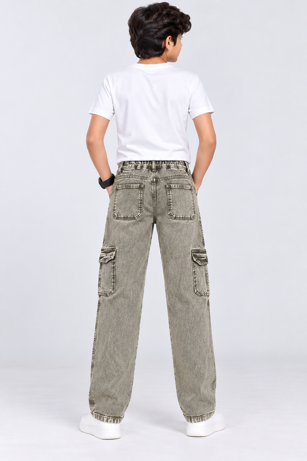 Boys Light Olive Green Washed Denim Cargo Jeans