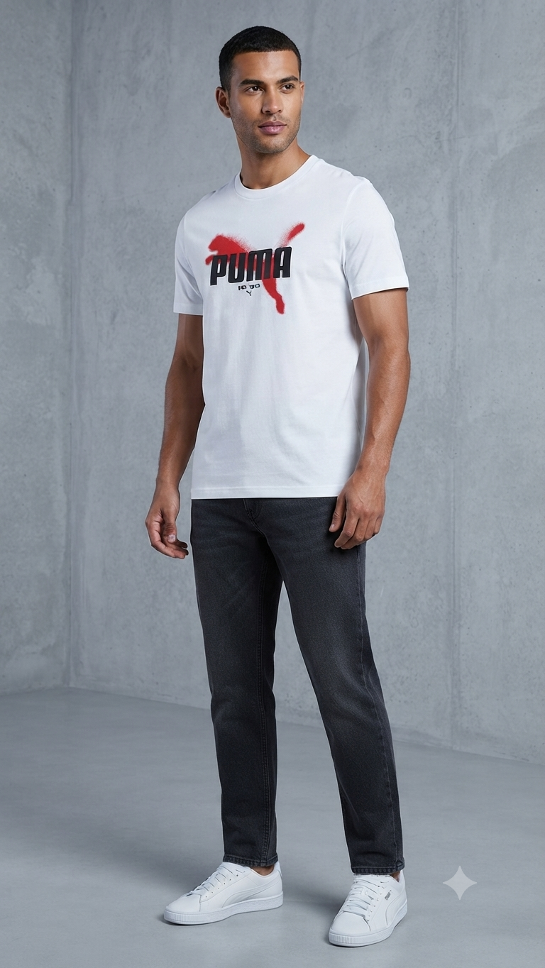 PUMA Men’s White Logo Graphic Printed Round Neck T-Shirt